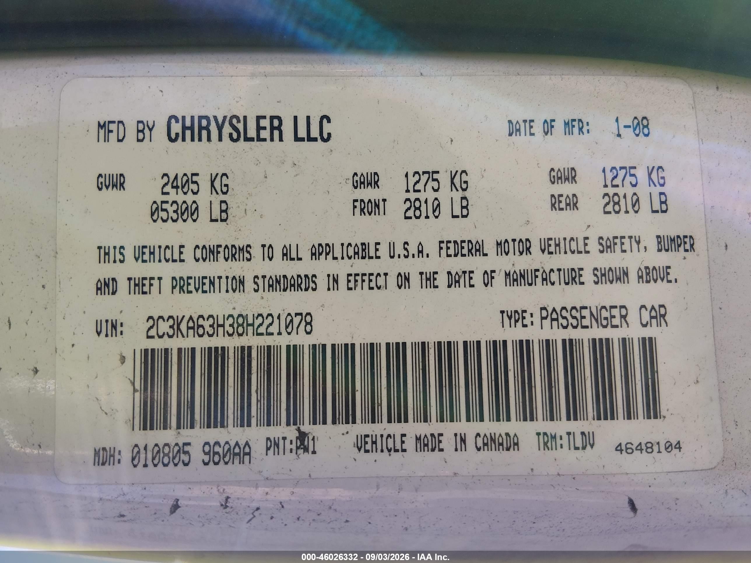 2008 Chrysler 300c   White vin: 2C3KA63H38H221078