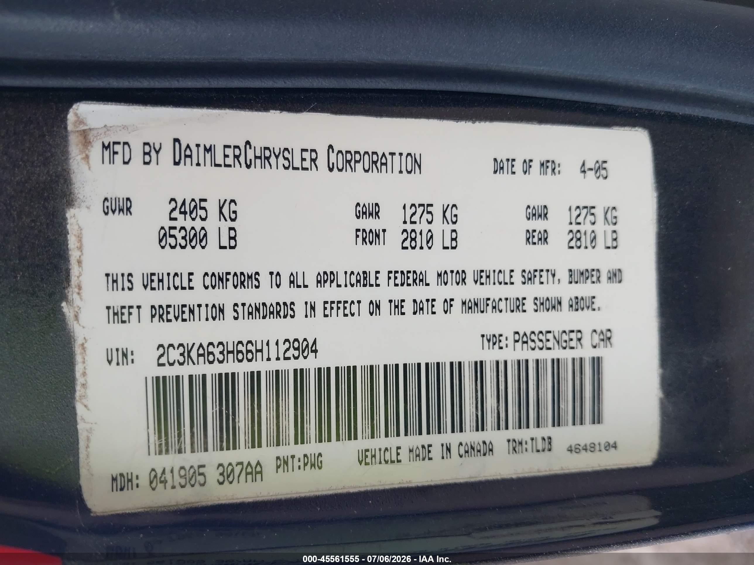 2006 Chrysler 300c   Черный vin: 2C3KA63H66H112904
