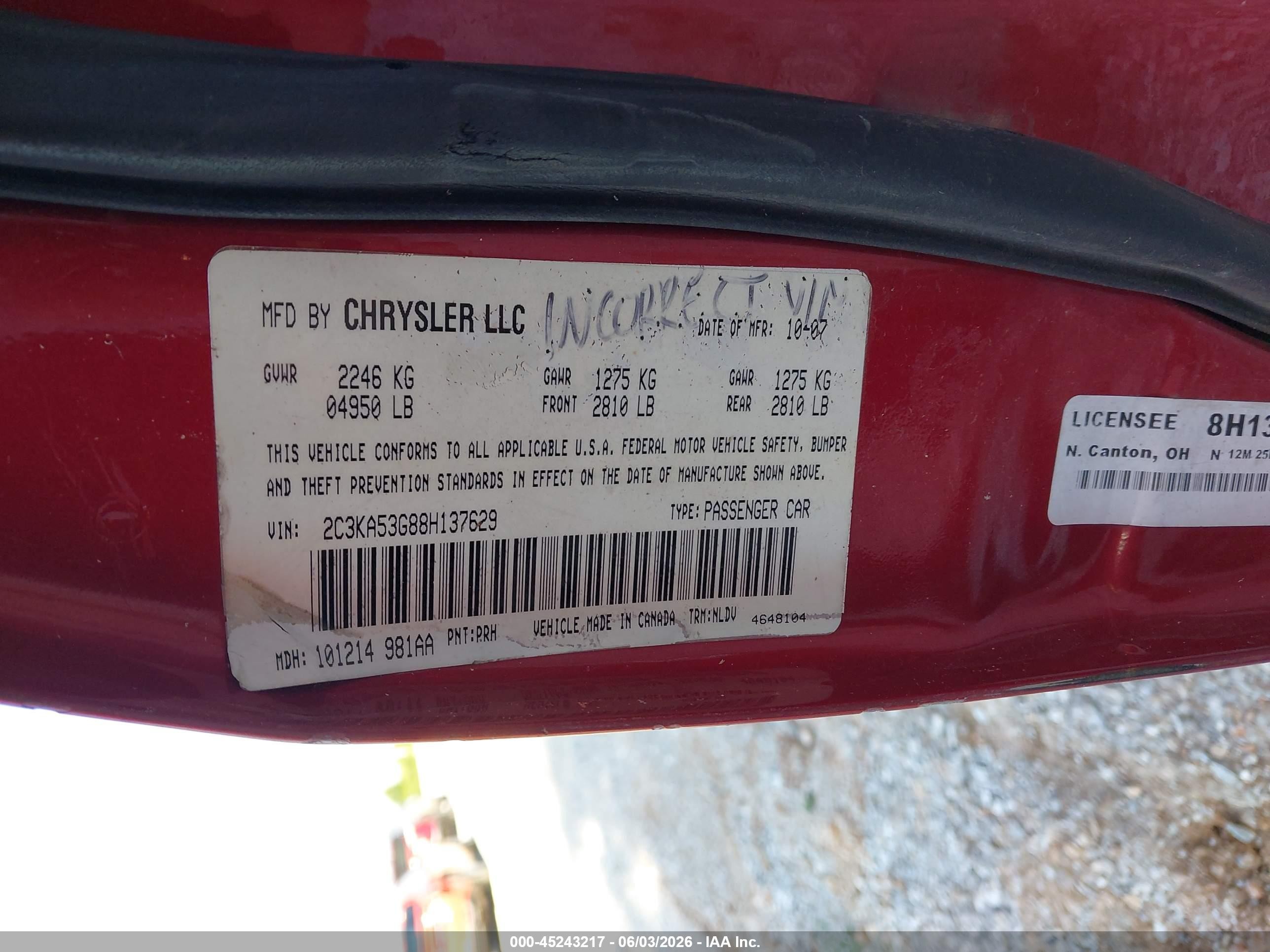 2007 Chrysler 300c   Red vin: 2C3KA63H67H684315