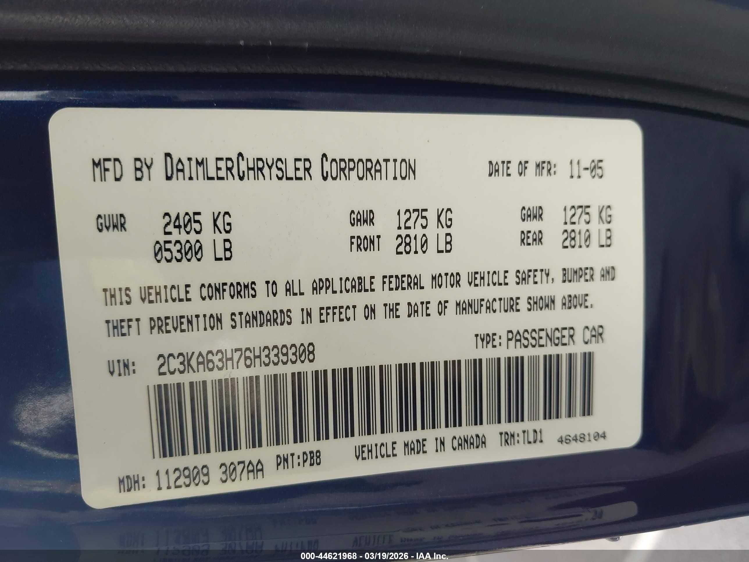2006 Chrysler 300c   Blue vin: 2C3KA63H76H339308