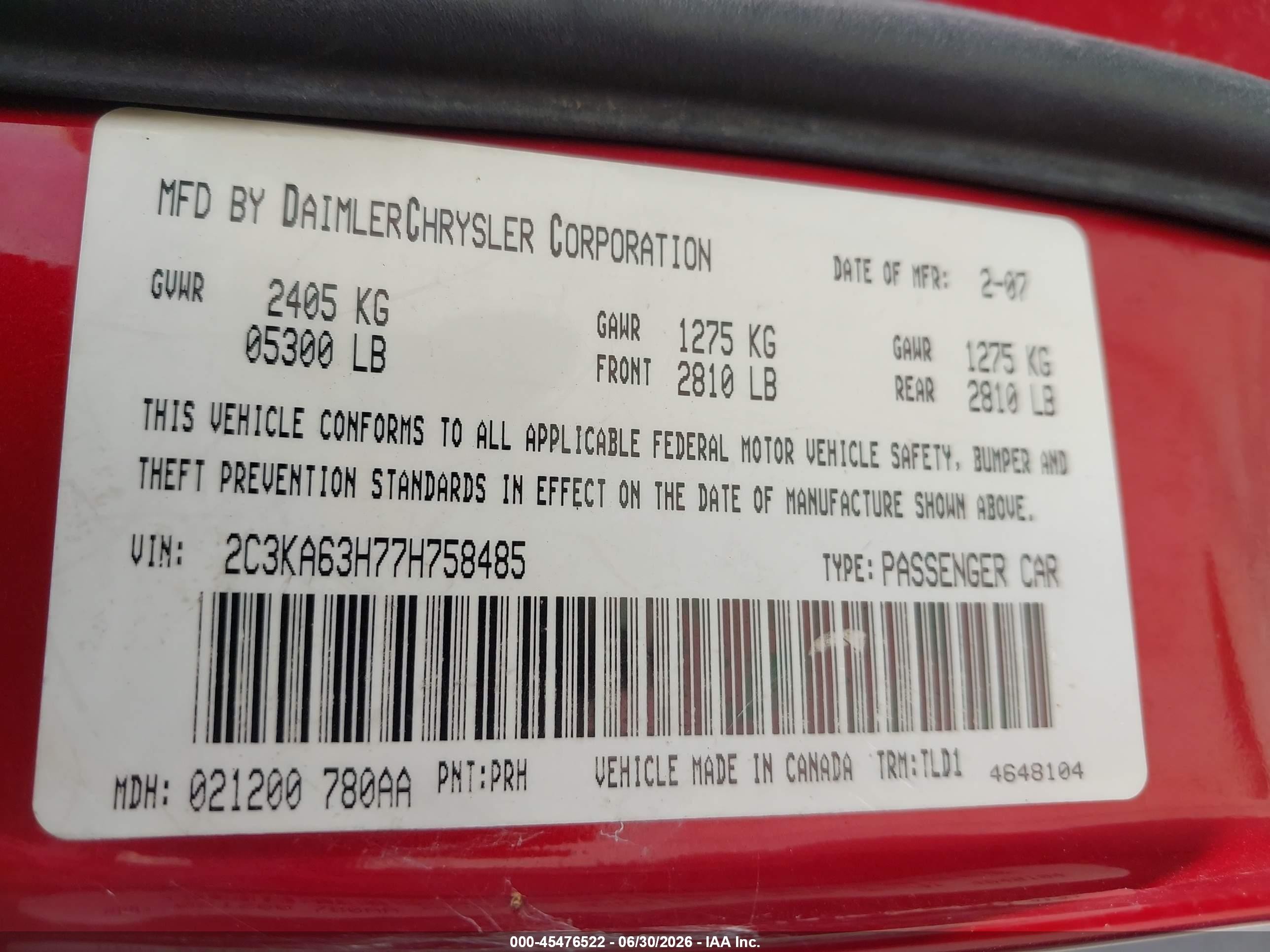 2007 Chrysler 300c   Red vin: 2C3KA63H77H758485