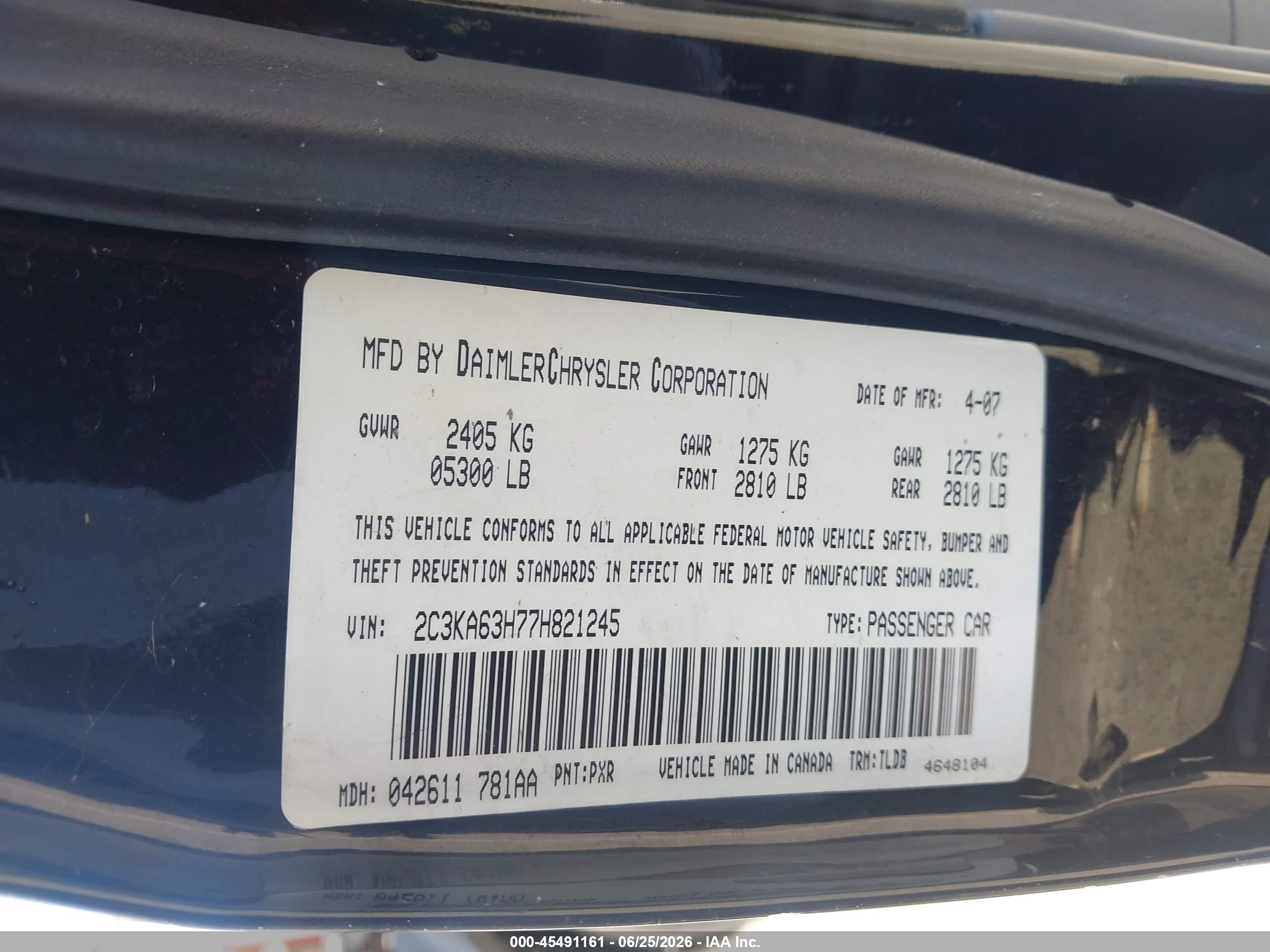 2007 Chrysler 300c   Black vin: 2C3KA63H77H821245