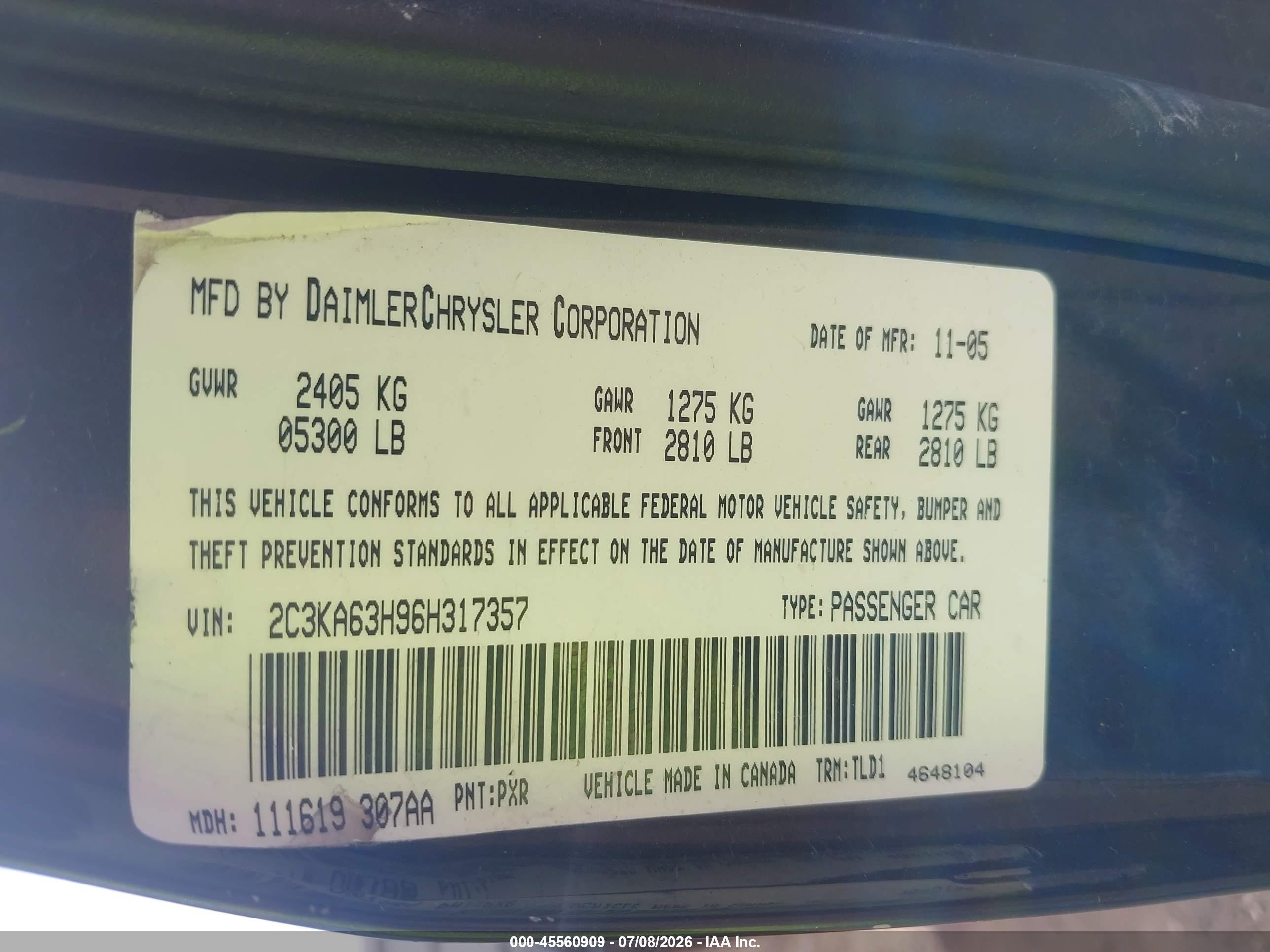 2006 Chrysler 300c   Black vin: 2C3KA63H96H317357