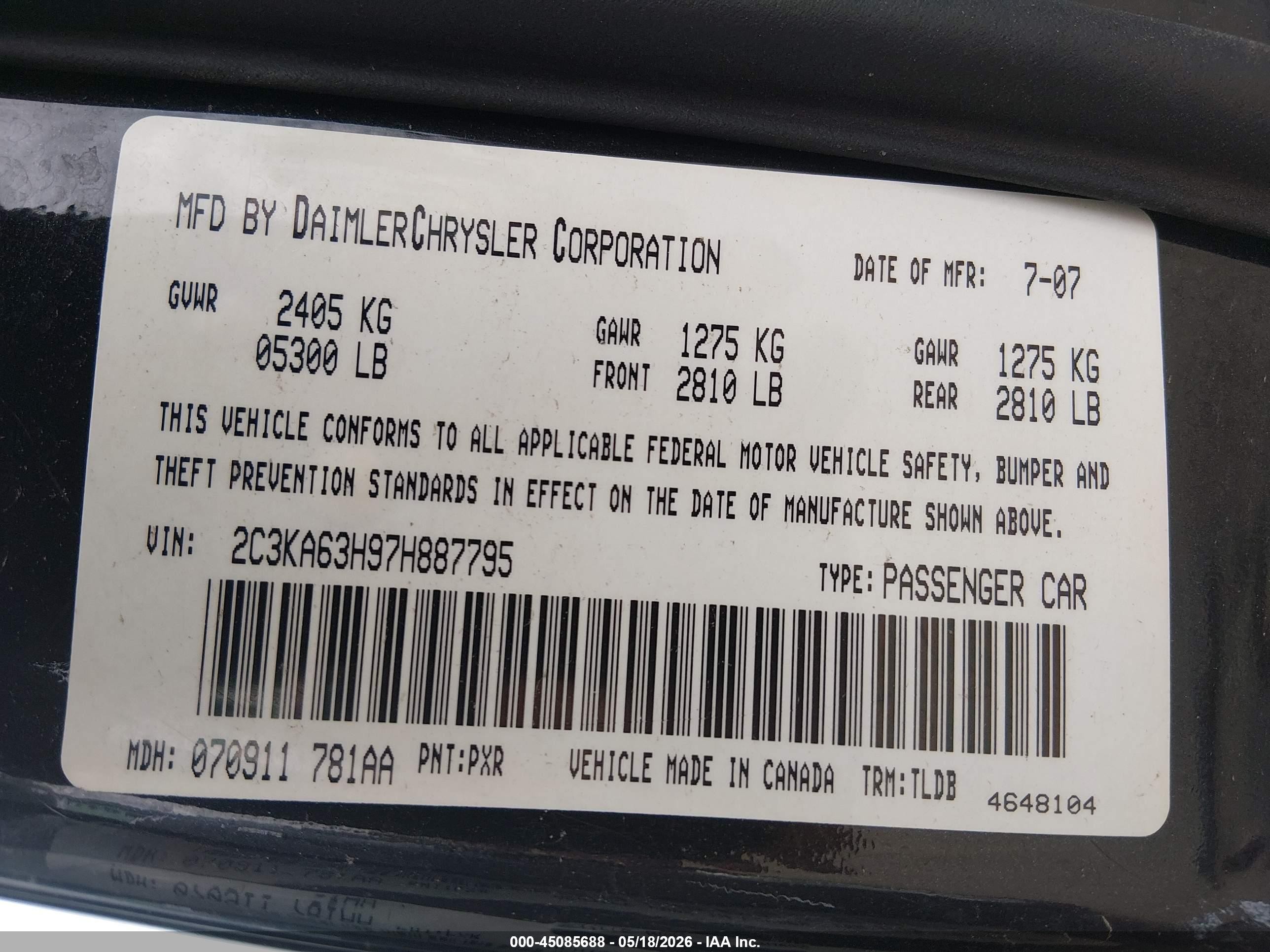2007 Chrysler 300c   Black vin: 2C3KA63H97H887795
