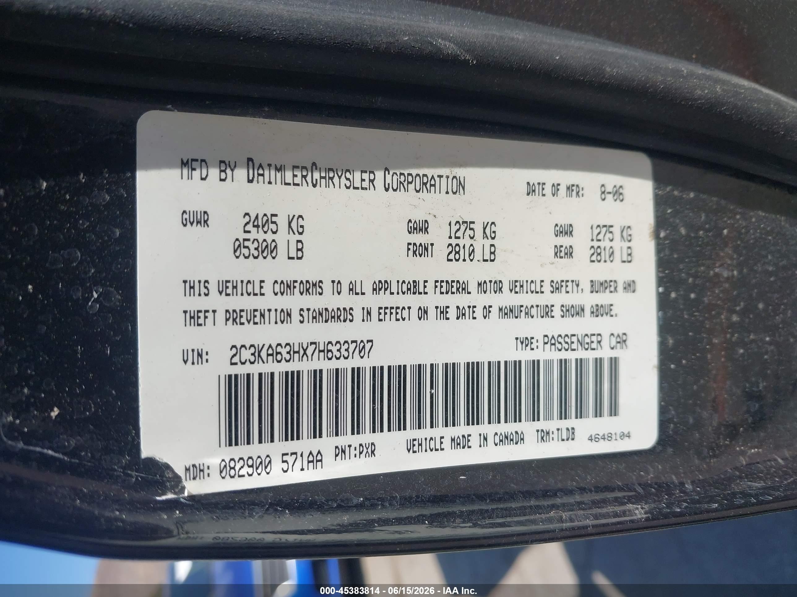 2007 Chrysler 300c   Black vin: 2C3KA63HX7H633707