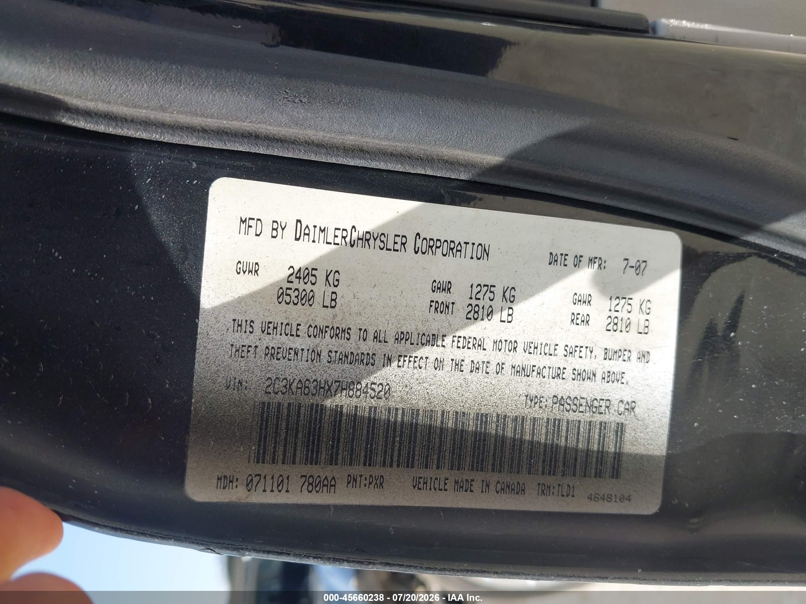 2007 Chrysler 300c   Черный vin: 2C3KA63HX7H884520