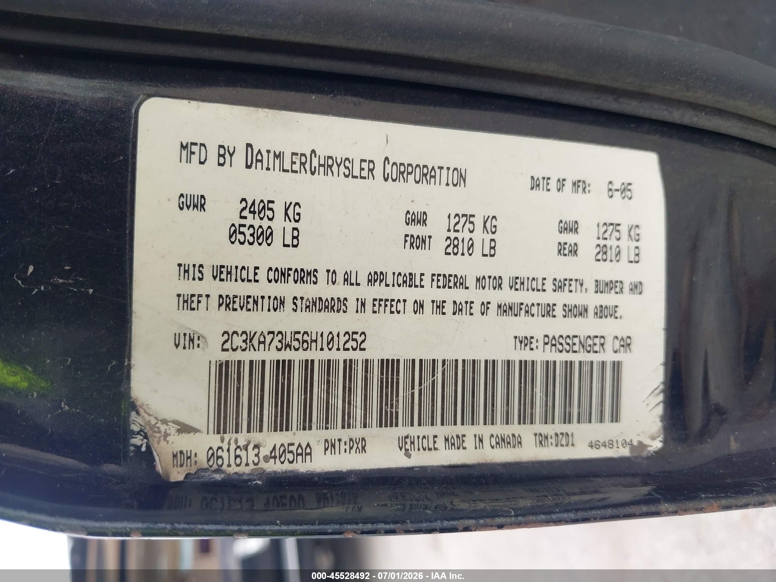 2006 Chrysler 300c Srt8 Черный vin: 2C3KA73W56H101252