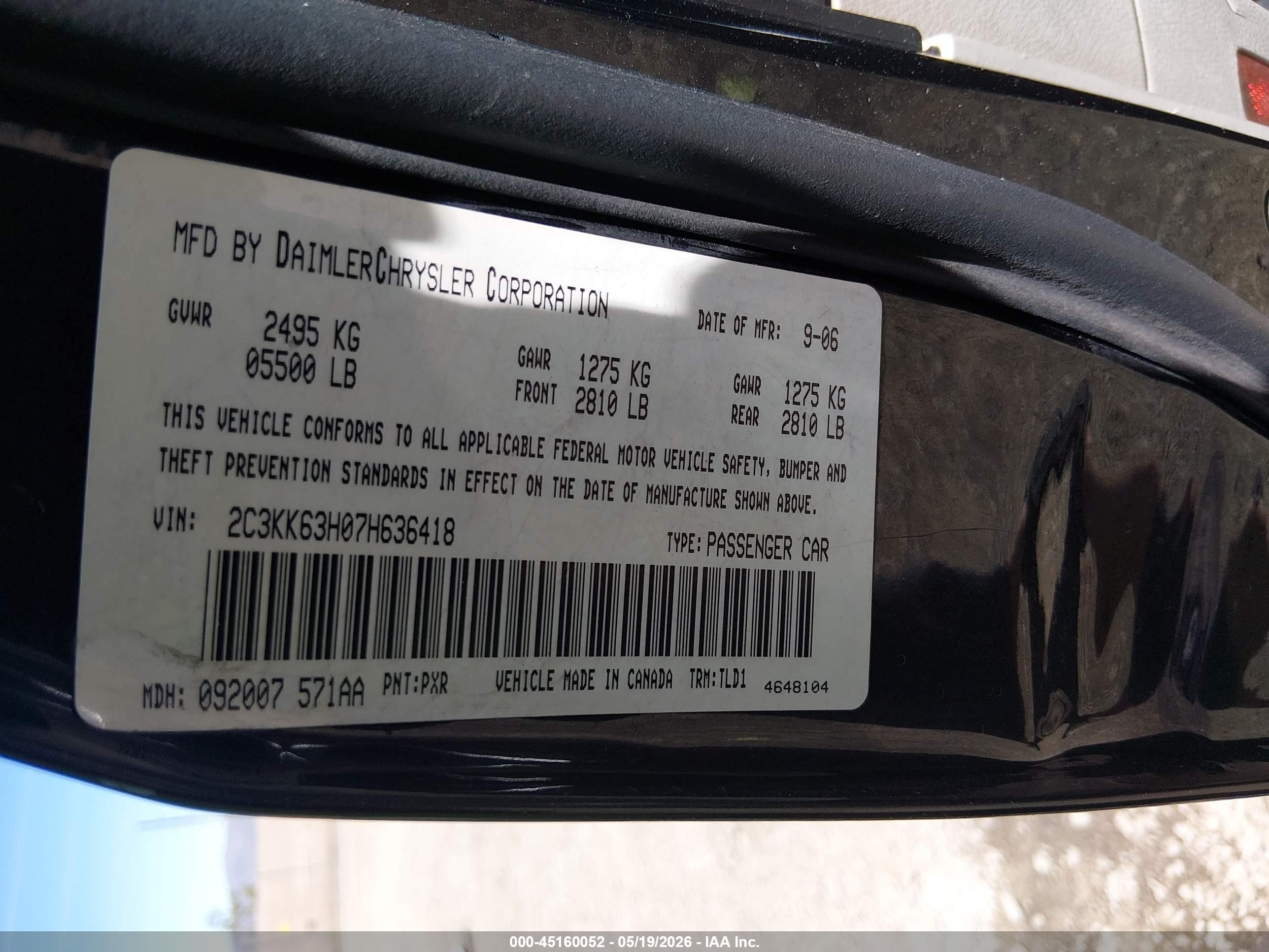 2007 Chrysler 300c   Черный vin: 2C3KK63H07H636418