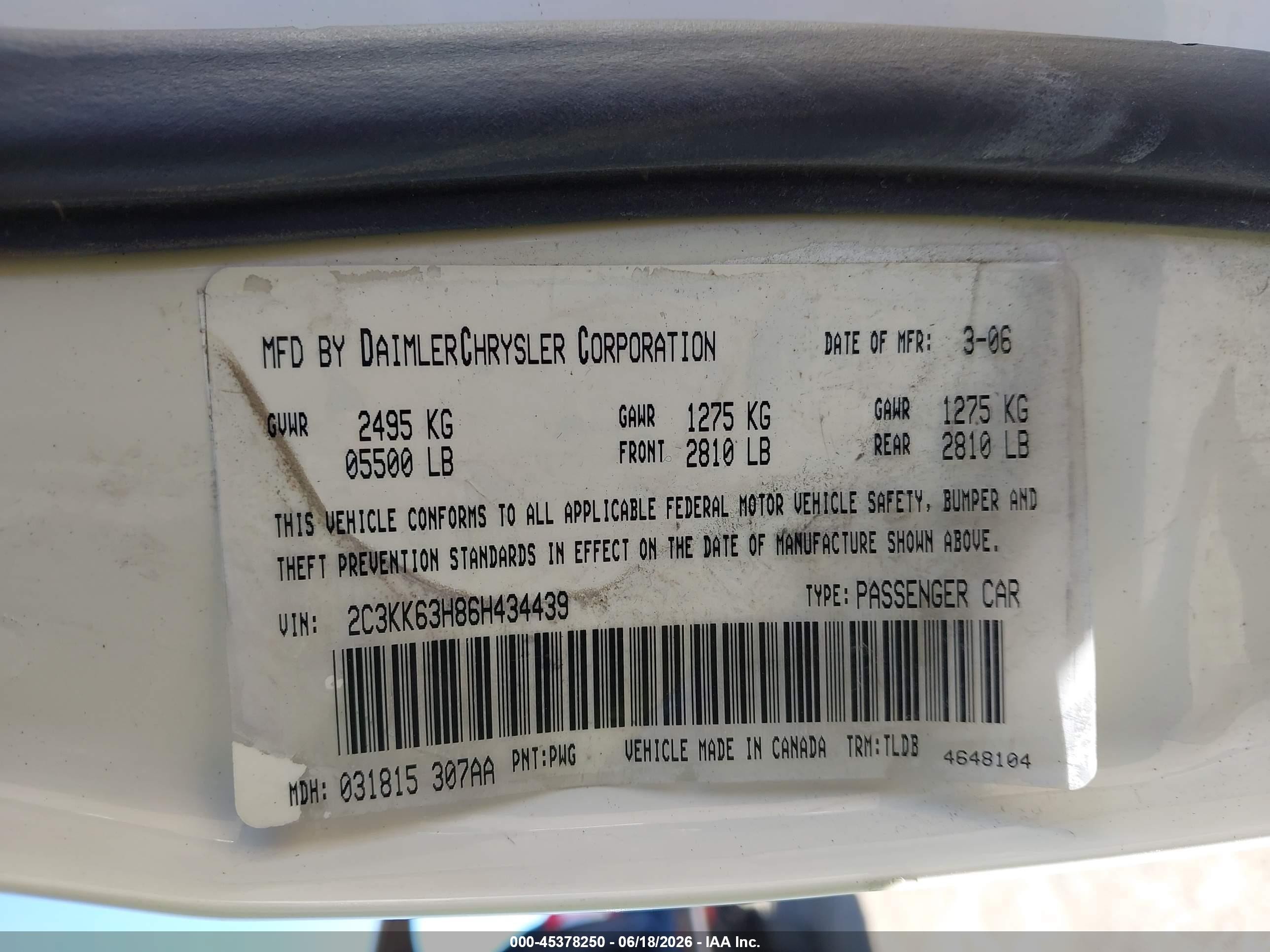 2006 Chrysler 300c   Cream vin: 2C3KK63H86H434439