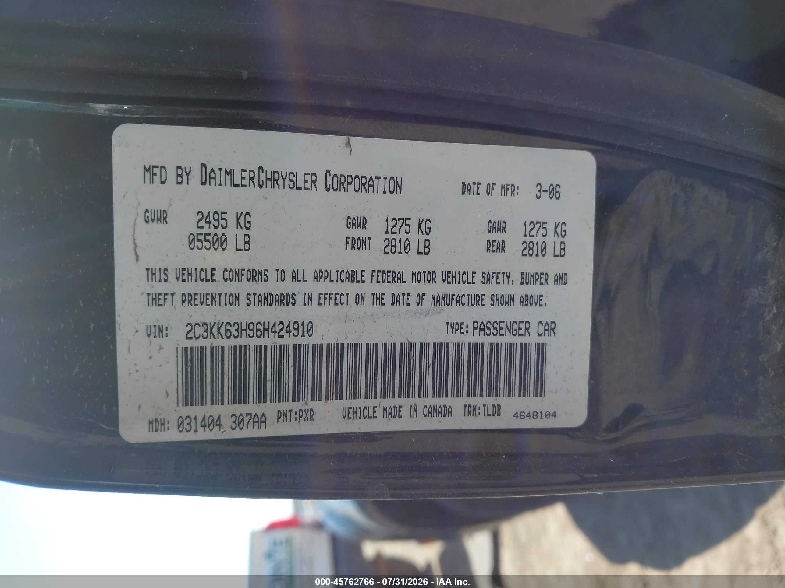 2006 Chrysler 300c   Black vin: 2C3KK63H96H424910