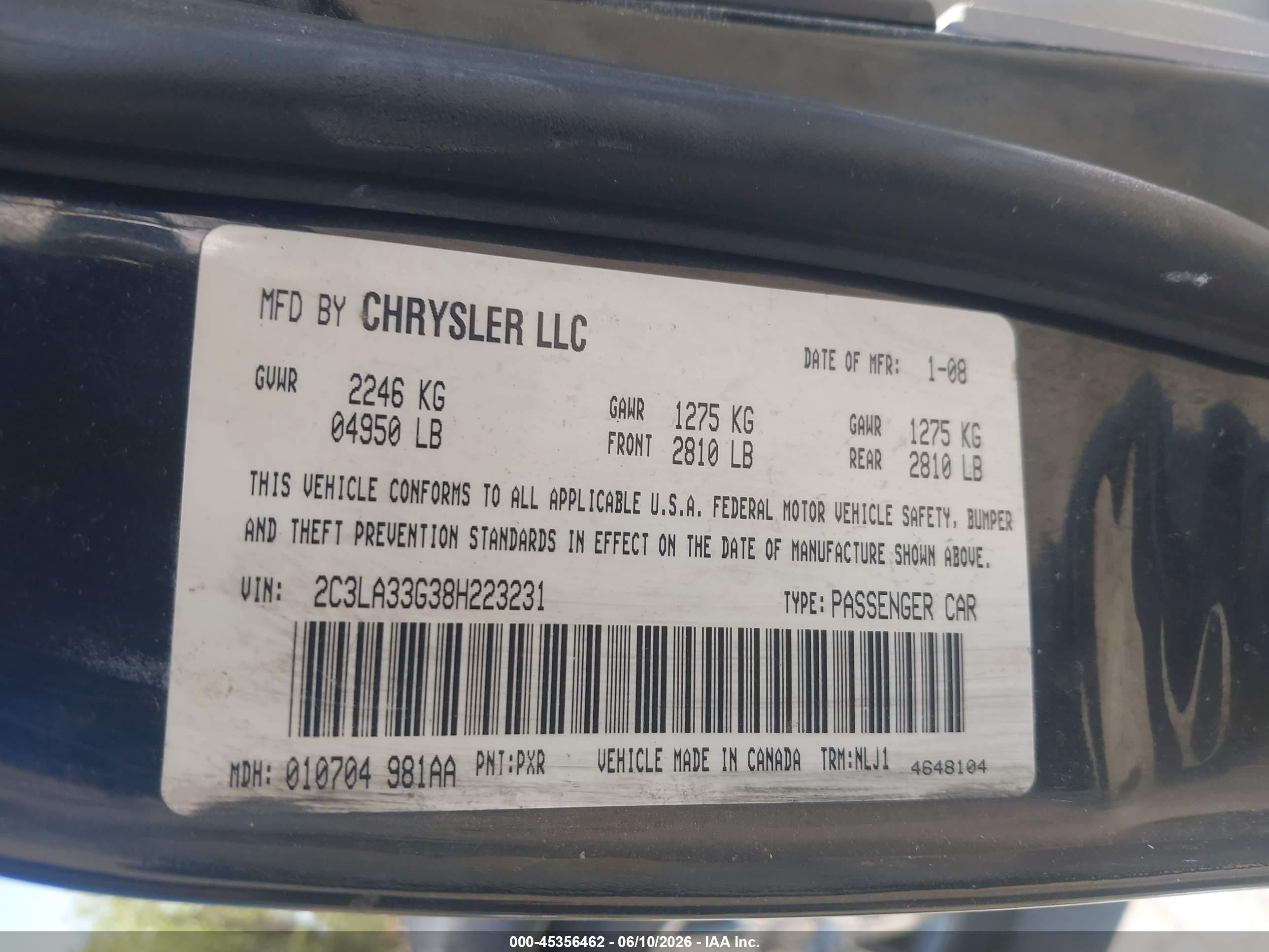 2008 Chrysler 300 Limited Black vin: 2C3LA33G38H223231