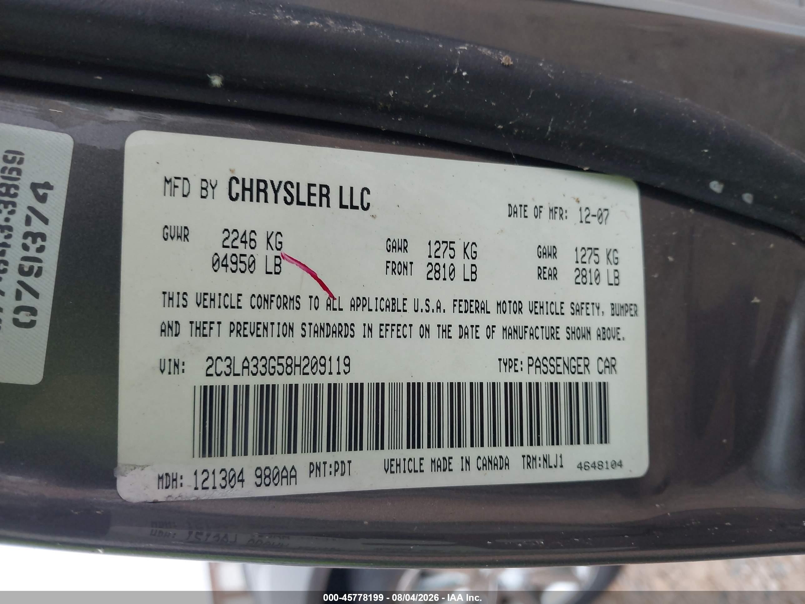 2008 Chrysler 300 Limited Gray vin: 2C3LA33G58H209119