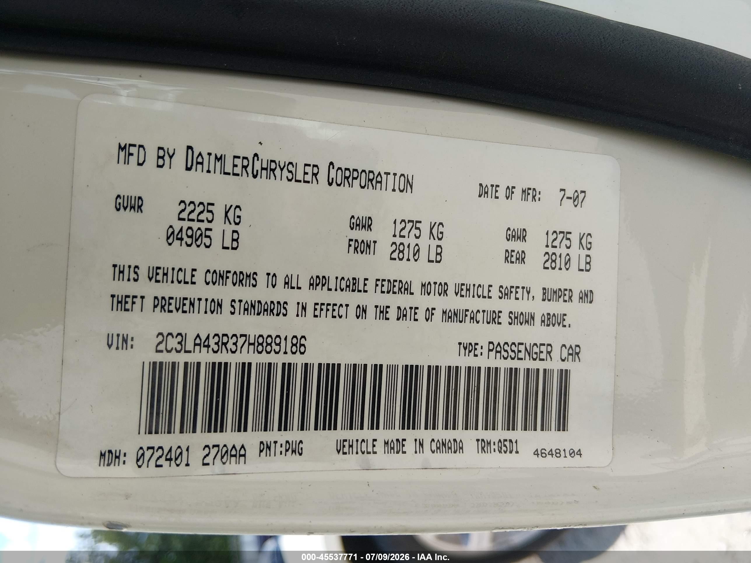2007 Chrysler 300   White vin: 2C3LA43R37H889186