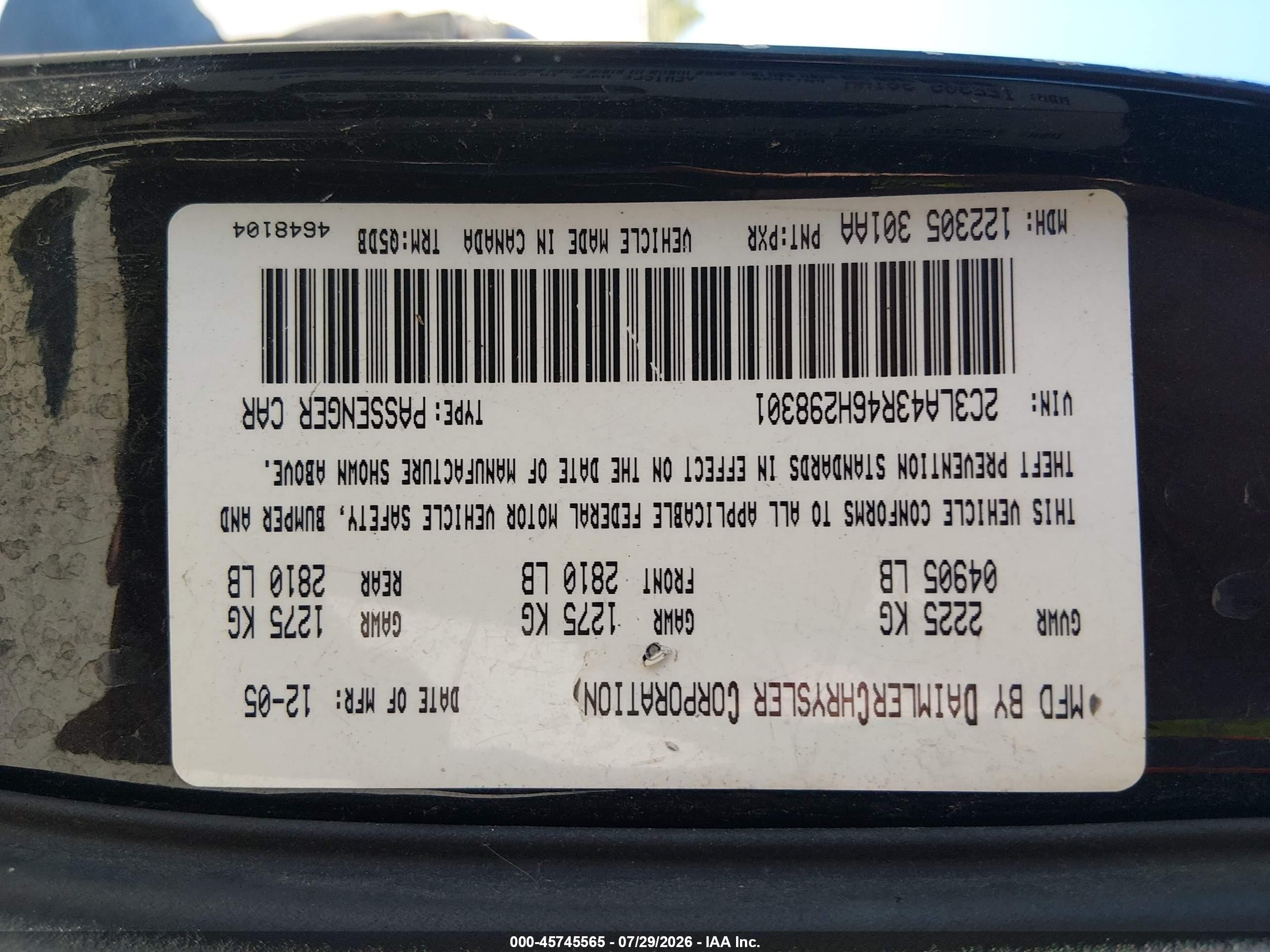 2006 Chrysler 300   Black vin: 2C3LA43R46H298301