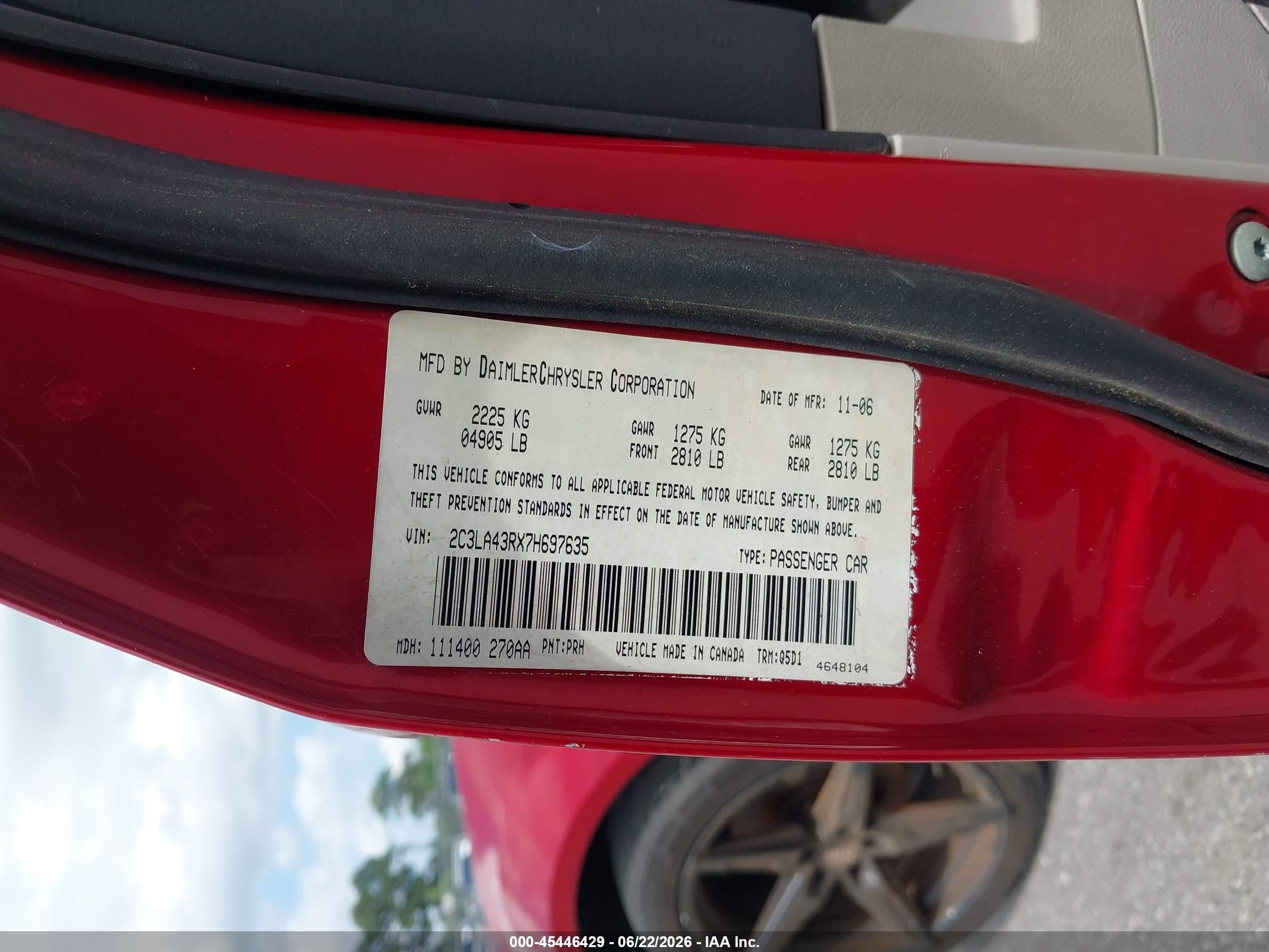 2007 Chrysler 300   Red vin: 2C3LA43RX7H697635
