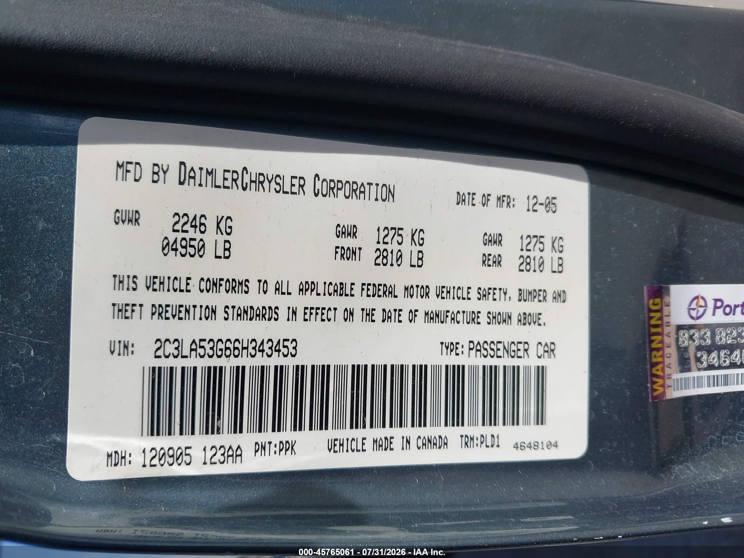 2006 Chrysler 300 Touring Turquoise vin: 2C3LA53G66H343453