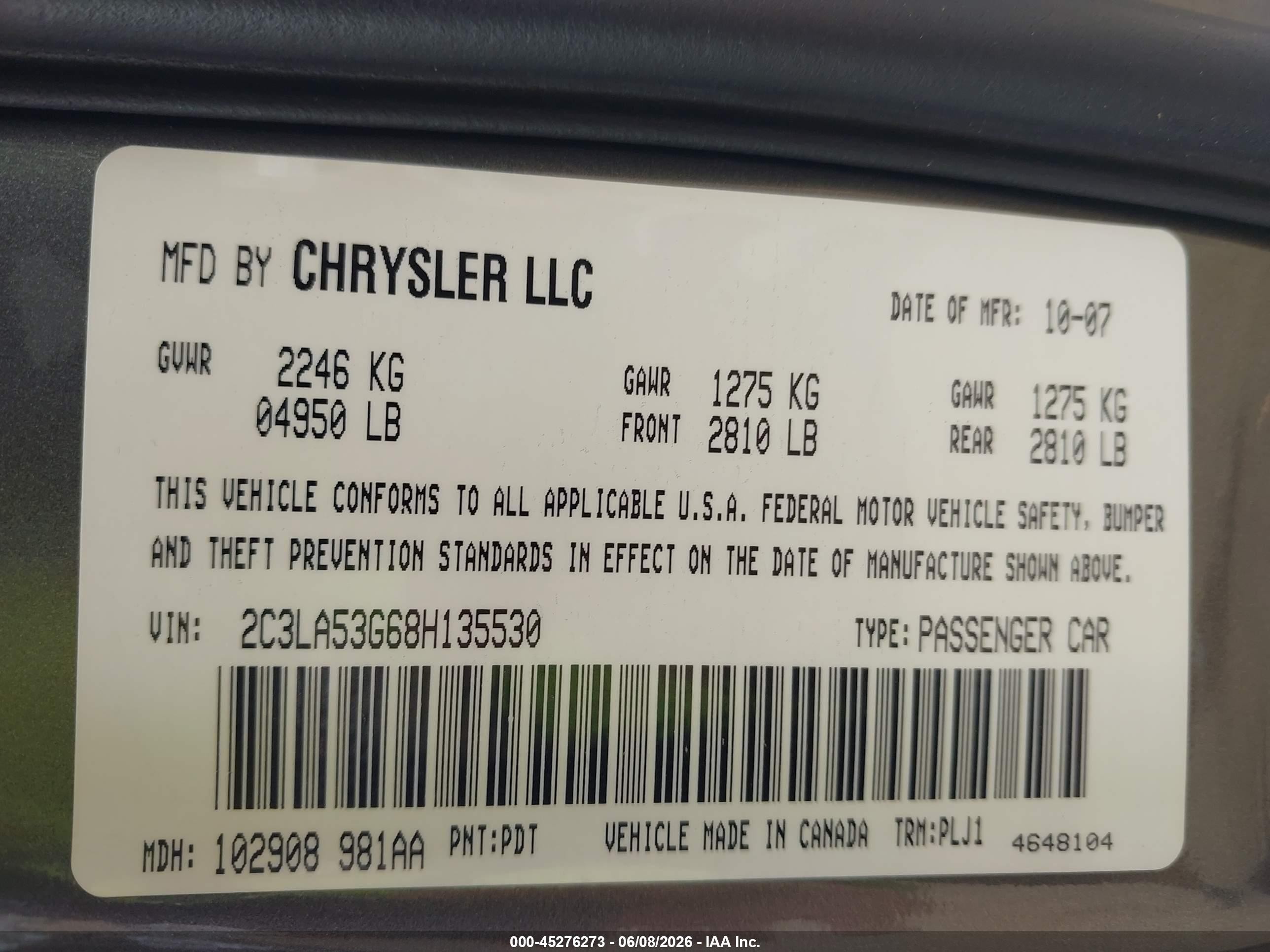 2008 Chrysler 300 Touring Gray vin: 2C3LA53G68H135530
