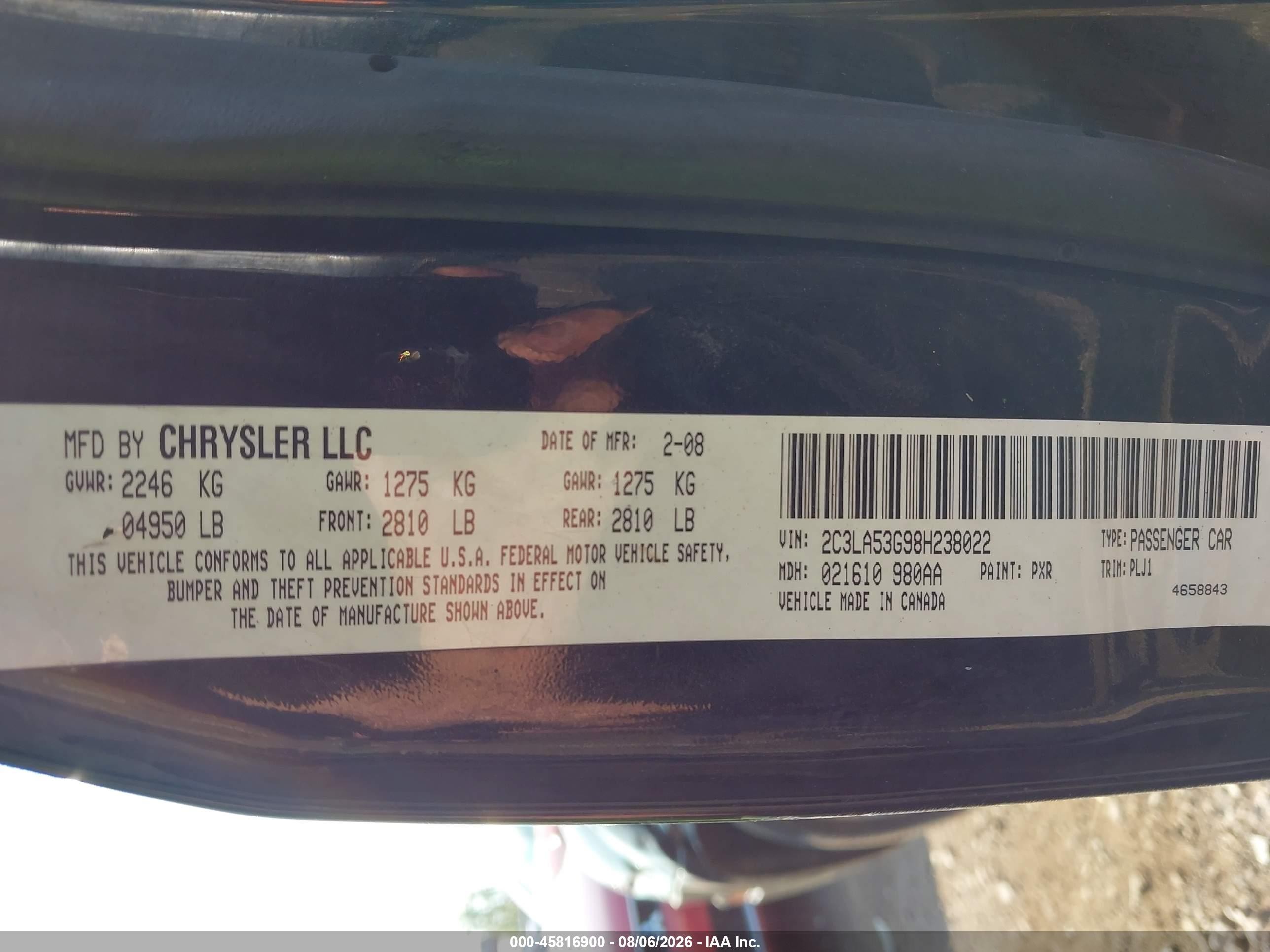2008 Chrysler 300 Touring Black vin: 2C3LA53G98H238022