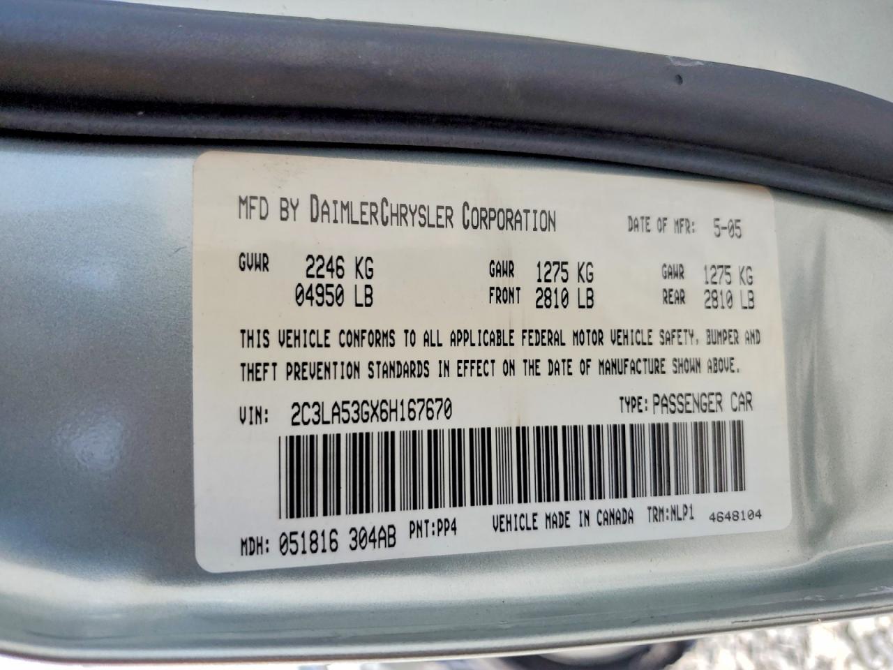 2006 Chrysler 300 Touring Green vin: 2C3LA53GX6H167670