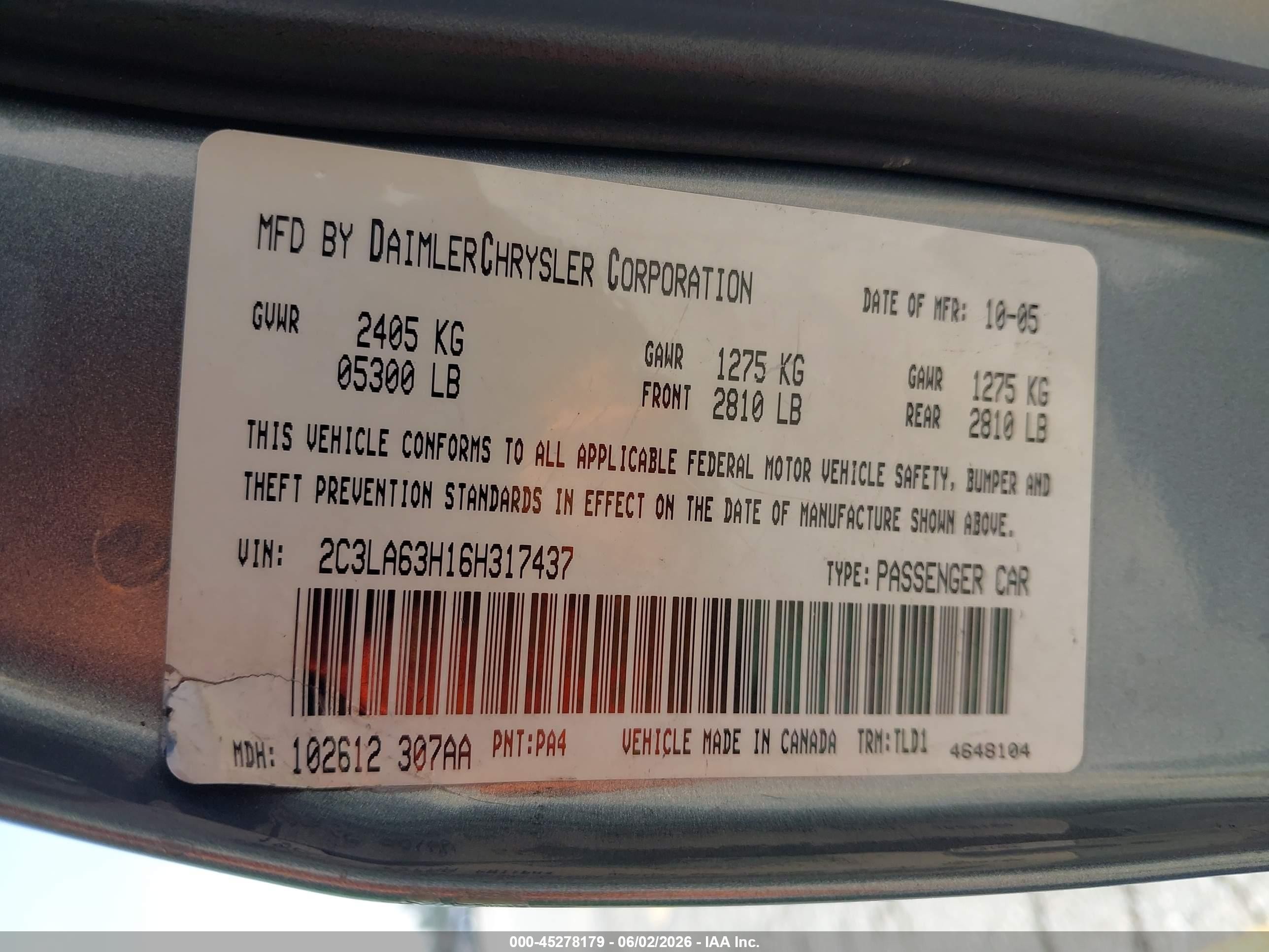 2006 Chrysler 300c   Gray vin: 2C3LA63H16H317437