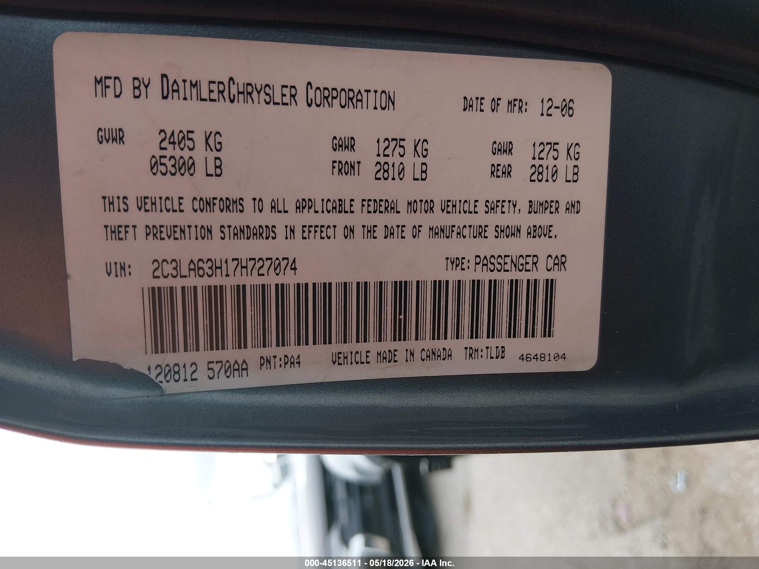 2007 Chrysler 300c   Green vin: 2C3LA63H17H727074