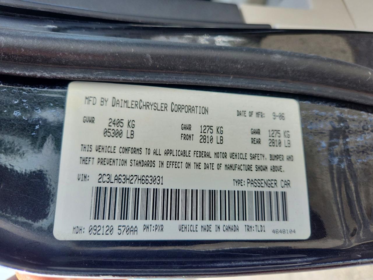 2007 Chrysler 300c Black vin: 2C3LA63H27H663031