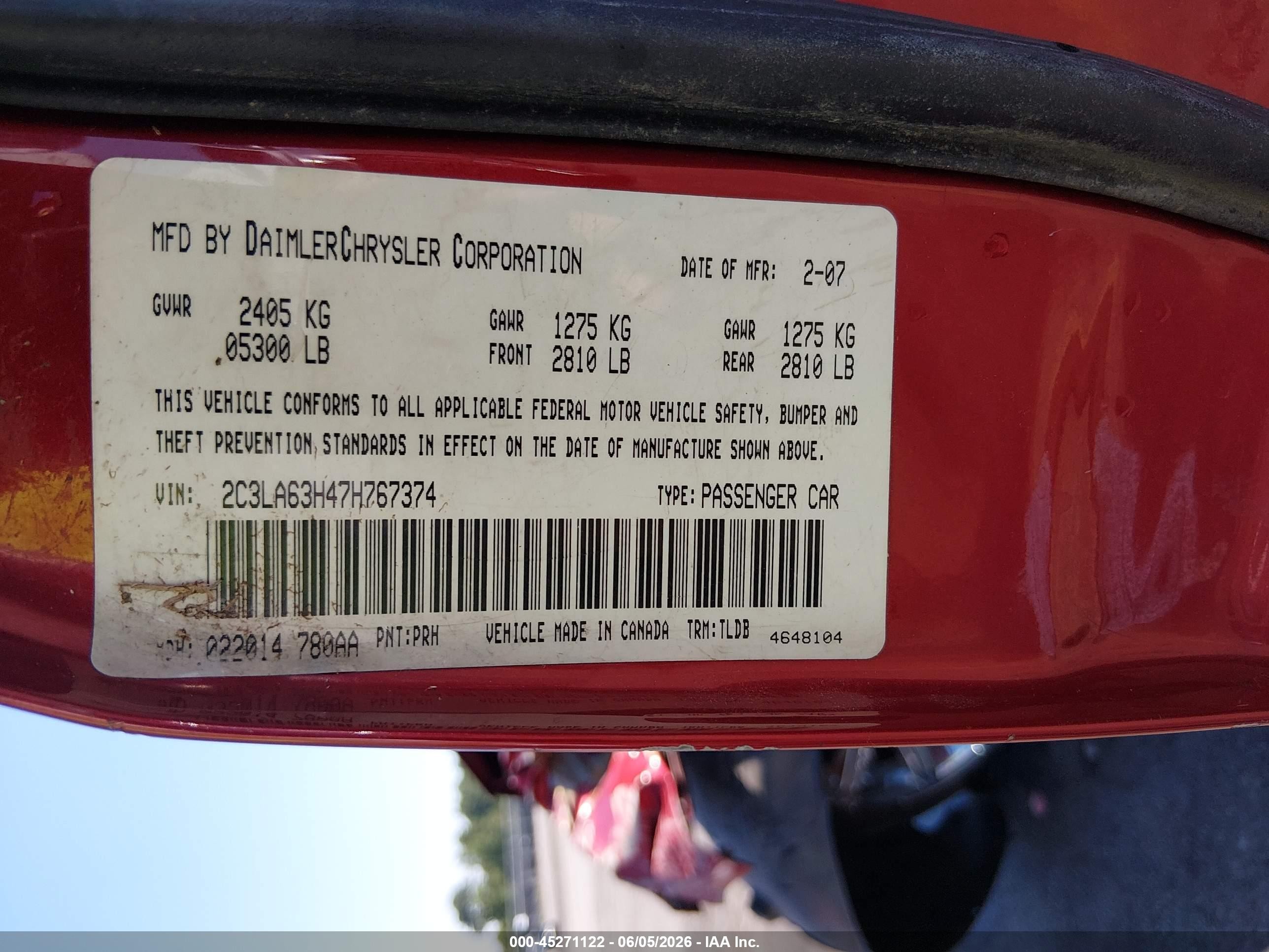 2007 Chrysler 300c   Red vin: 2C3LA63H47H767374