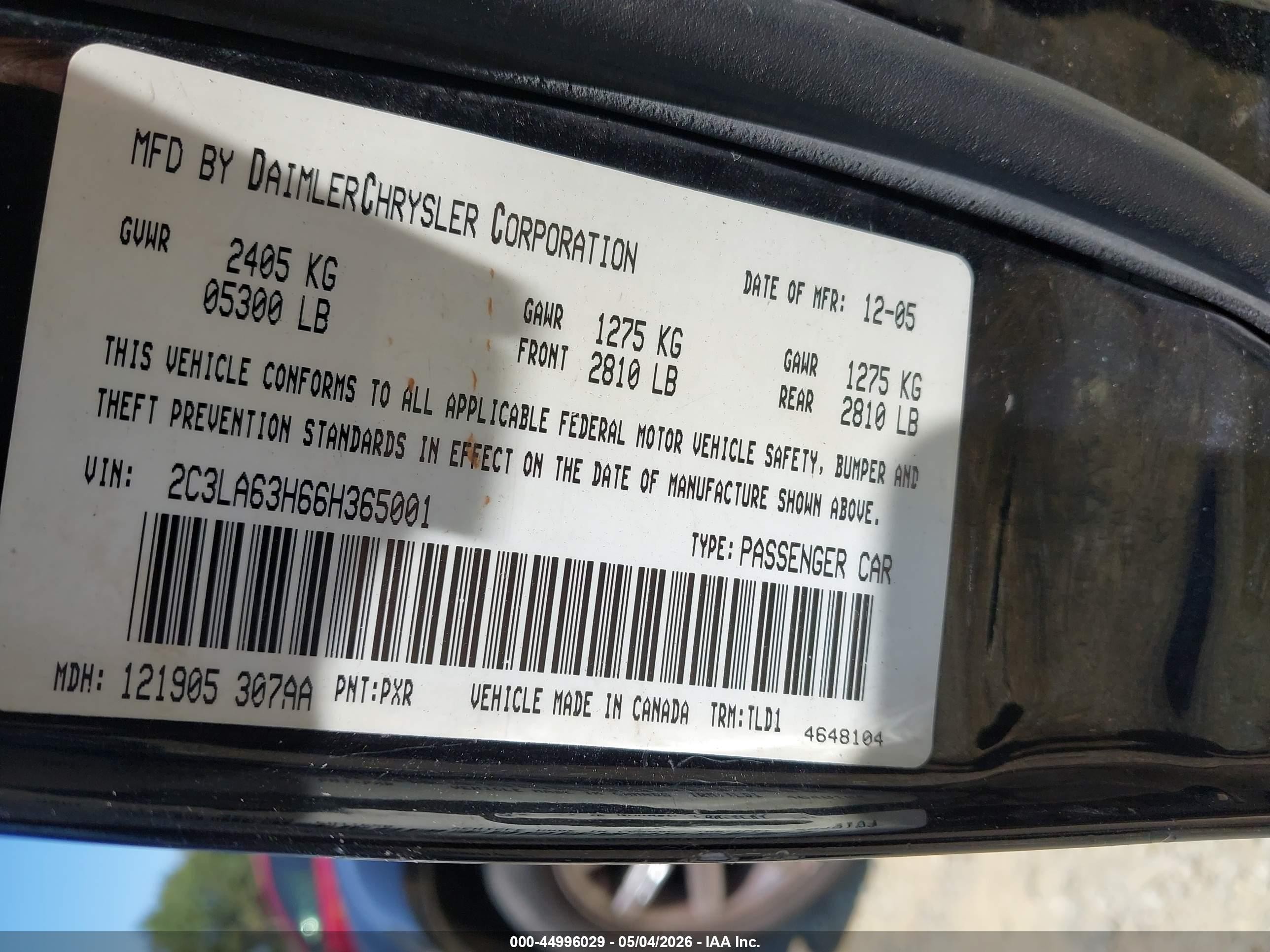 2006 Chrysler 300c   Black vin: 2C3LA63H66H365001