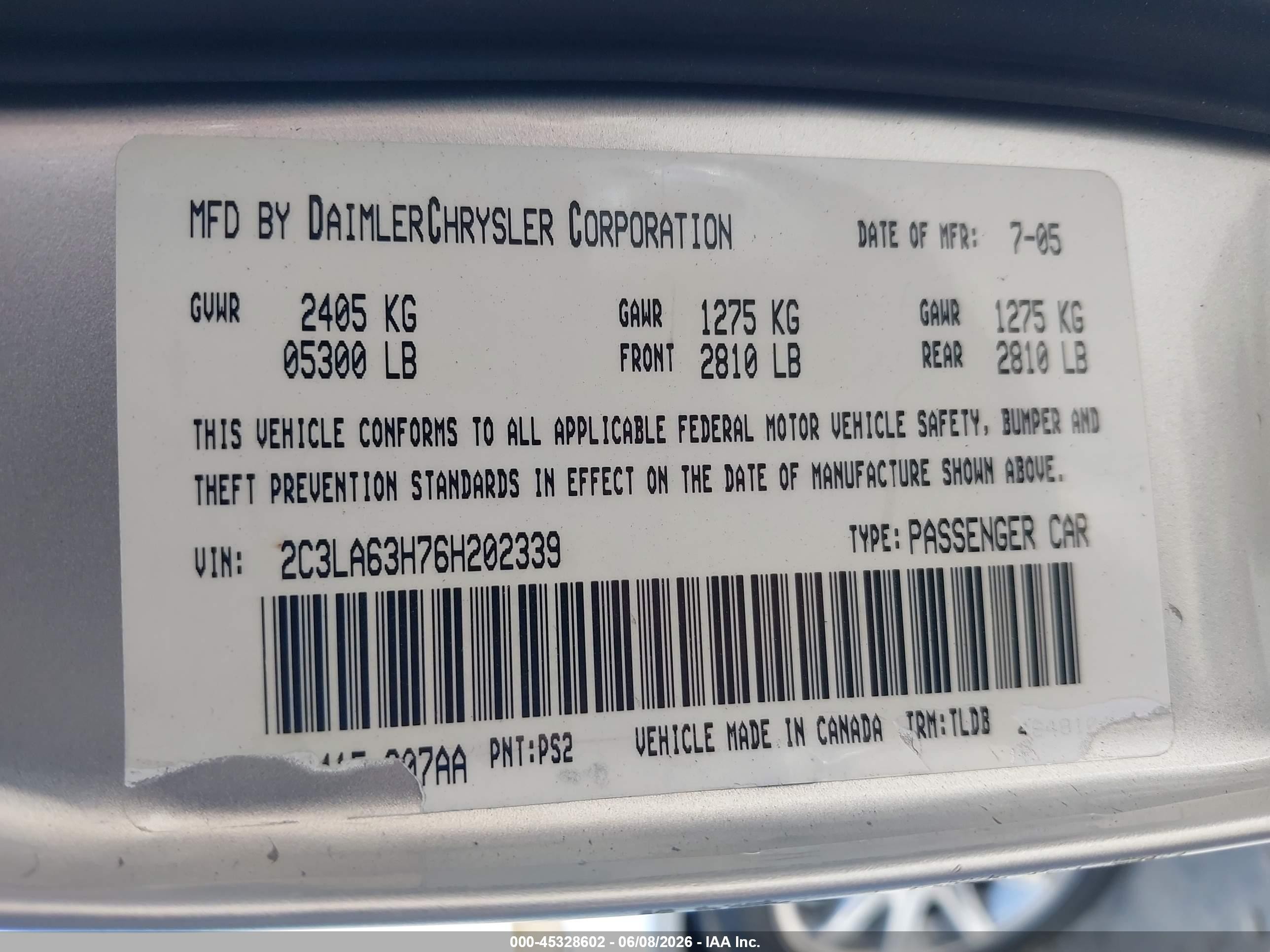 2006 Chrysler 300c   Silver vin: 2C3LA63H76H202339
