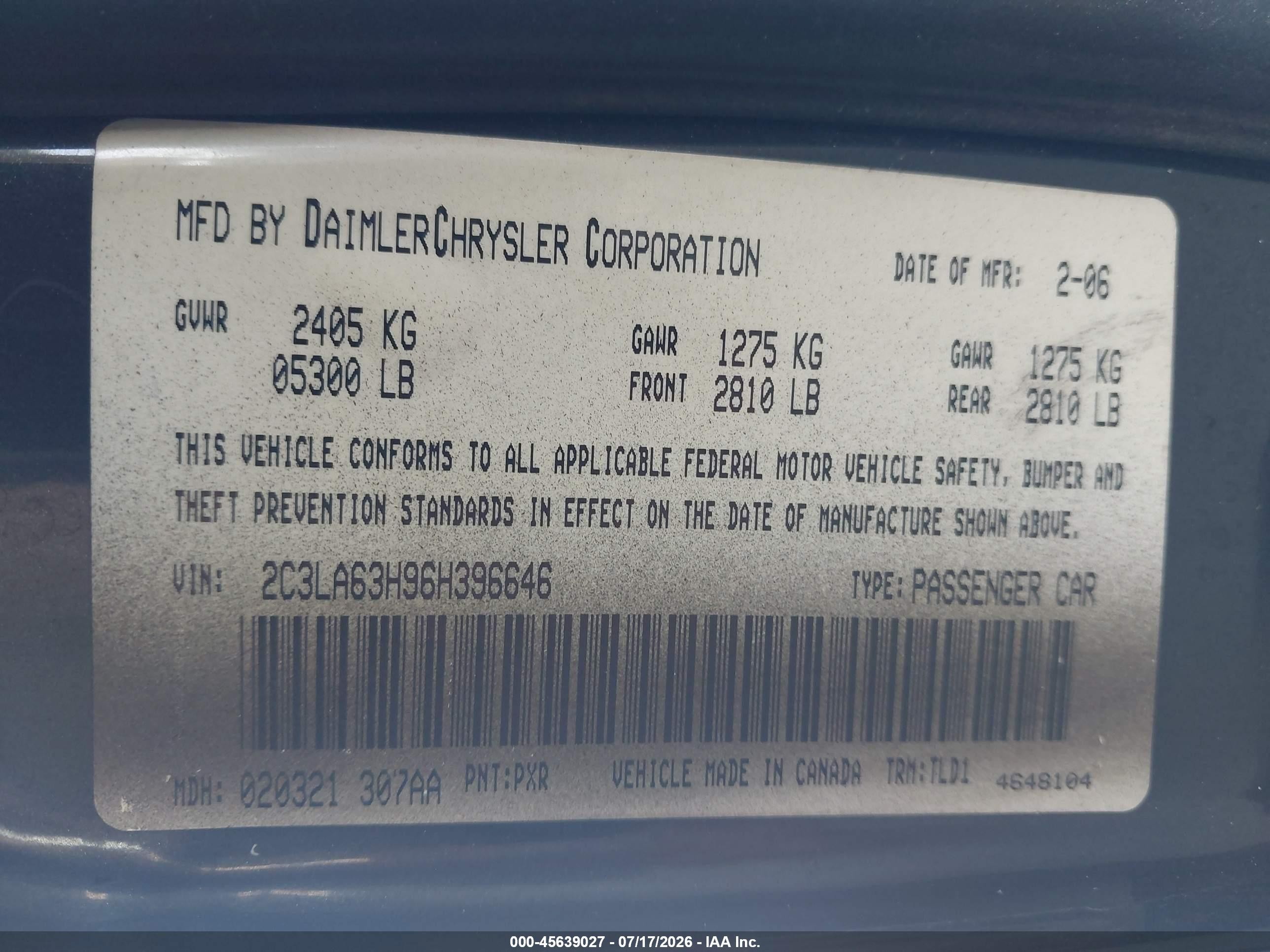 2006 Chrysler 300c   Black vin: 2C3LA63H96H396646