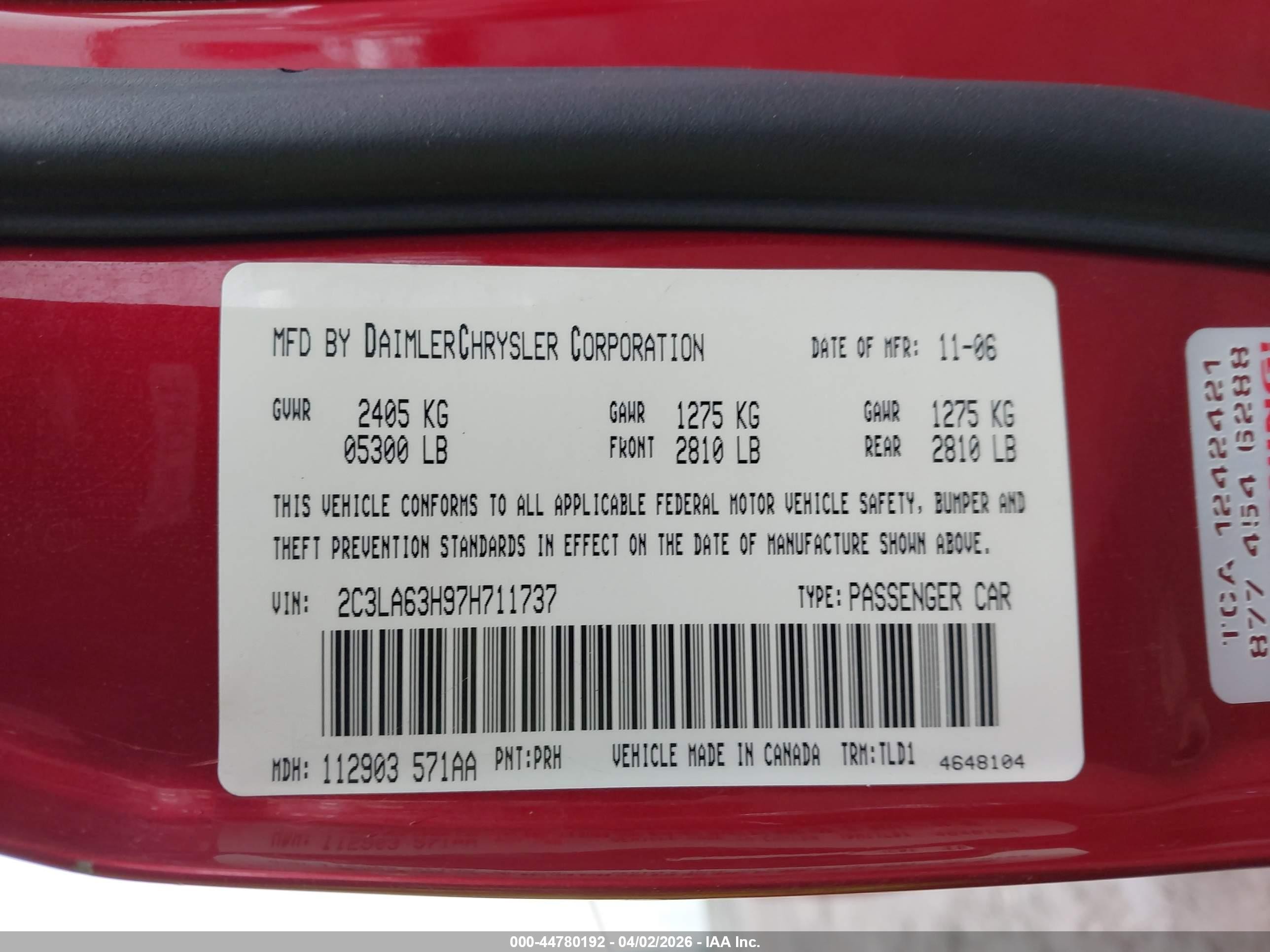 2007 Chrysler 300c   Red vin: 2C3LA63H97H711737