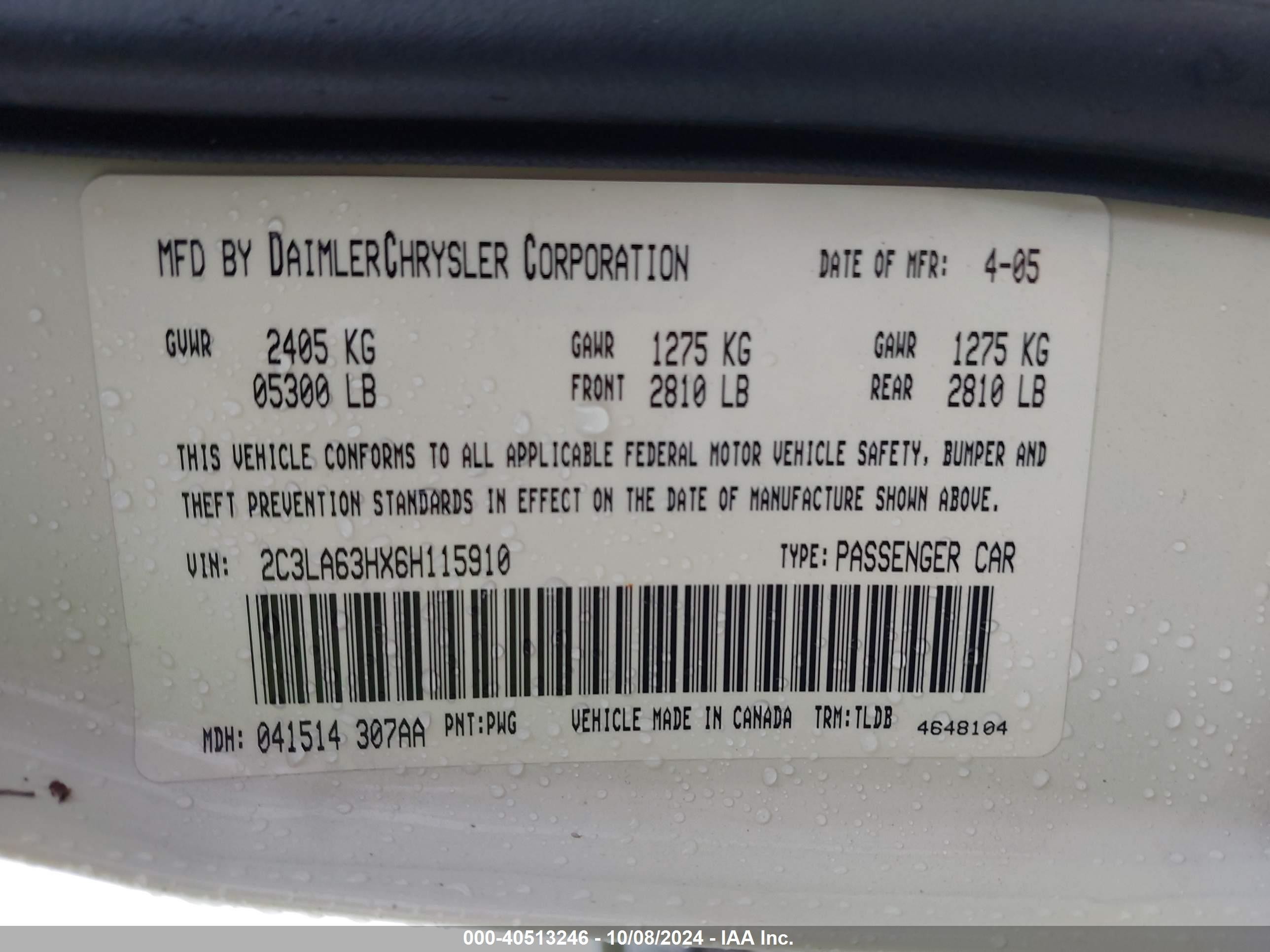 2006 Chrysler 300c   White vin: 2C3LA63HX6H115910