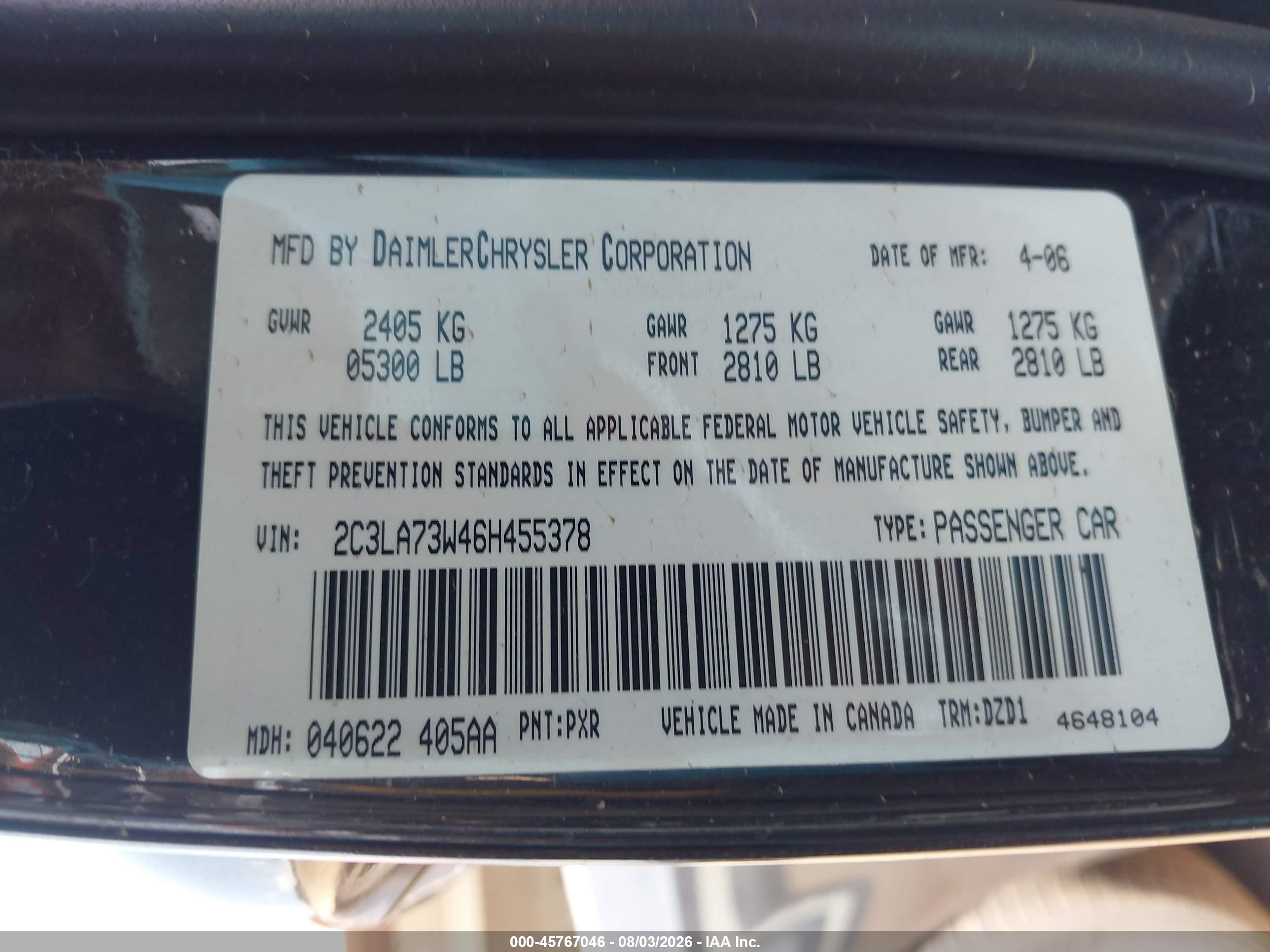 2006 Chrysler 300c Srt8 Black vin: 2C3LA73W46H455378