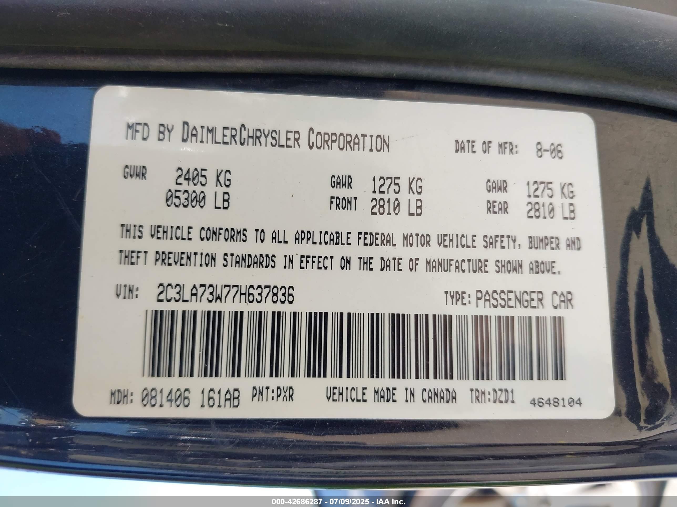 2007 Chrysler 300c Srt8 Черный vin: 2C3LA73W77H637836