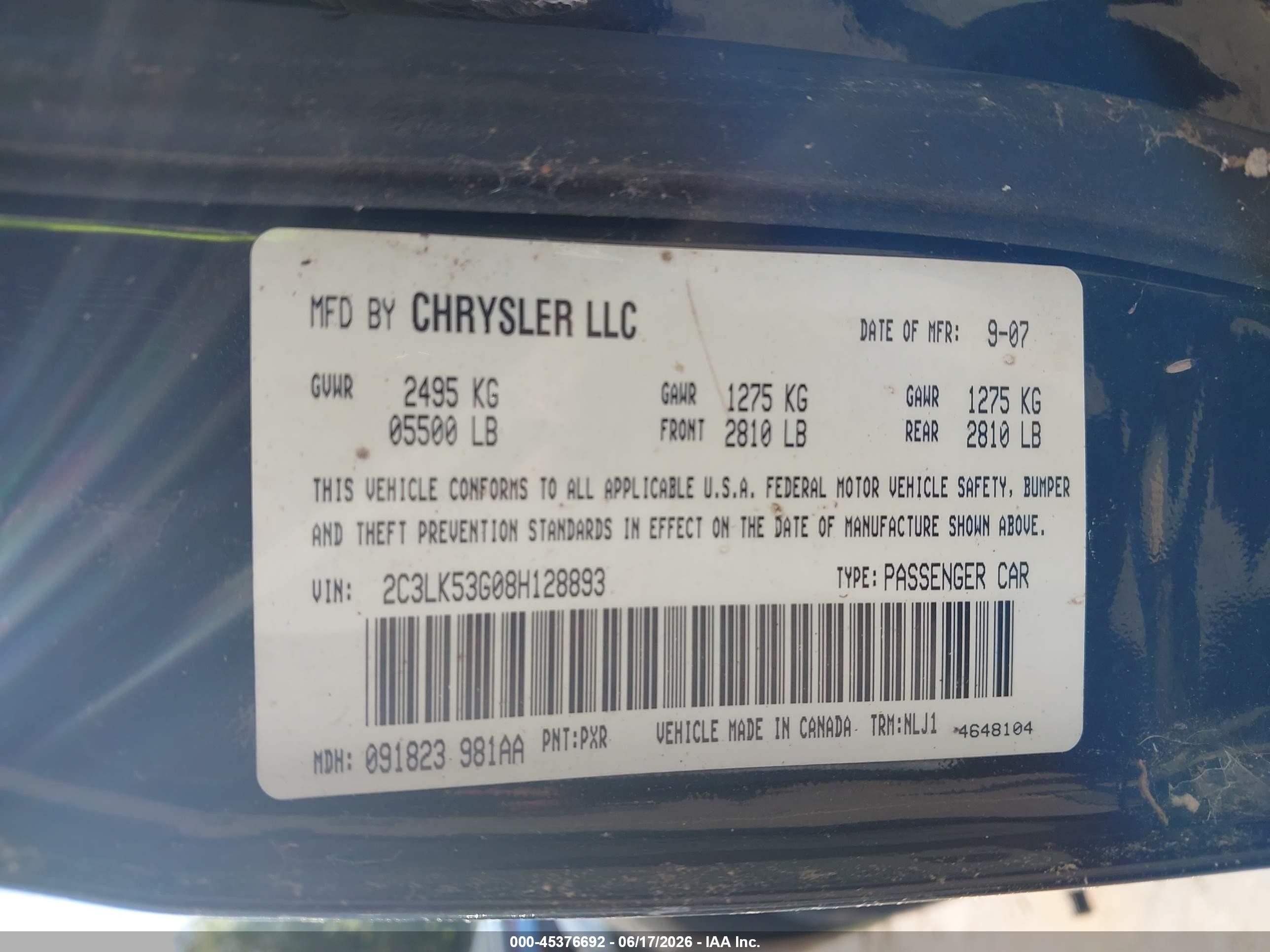 2008 Chrysler 300 Touring Black vin: 2C3LK53G08H128893