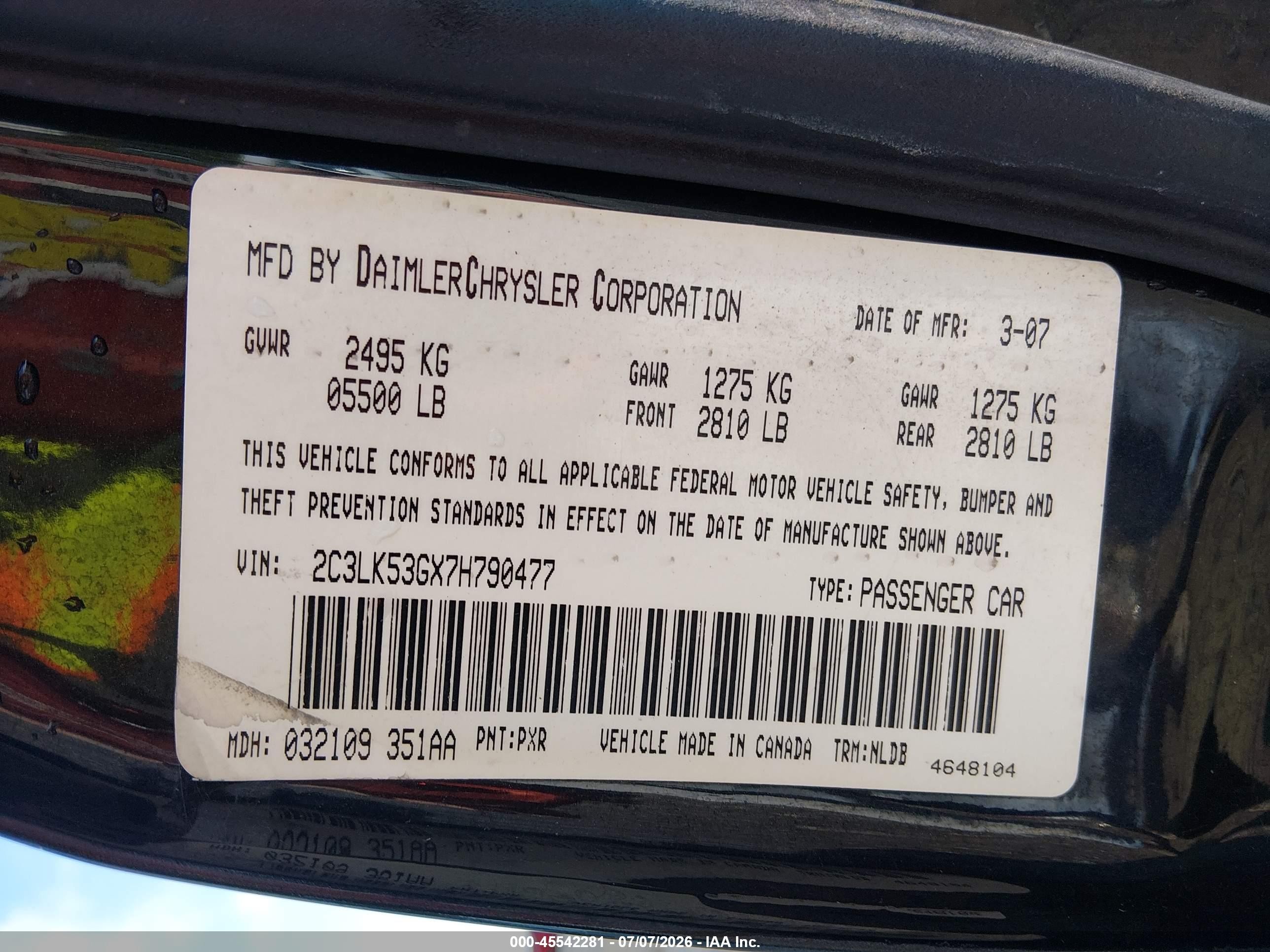2007 Chrysler 300 Touring Черный vin: 2C3LK53GX7H790477