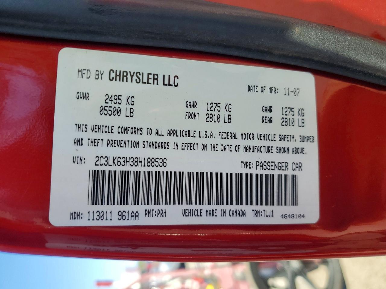 2008 Chrysler 300c Red vin: 2C3LK63H38H188536