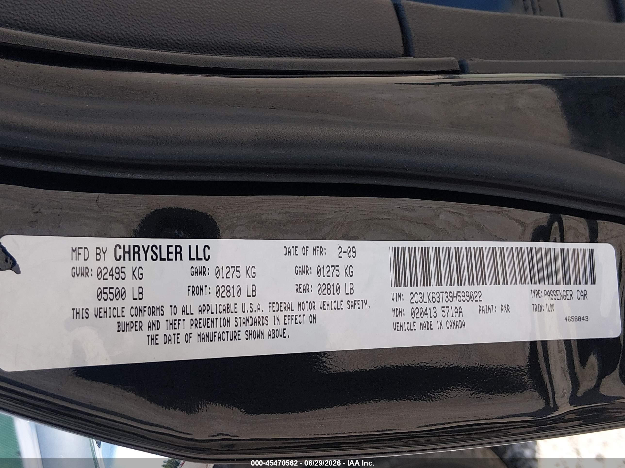 2009 Chrysler 300c Awd Black vin: 2C3LK63T39H599022