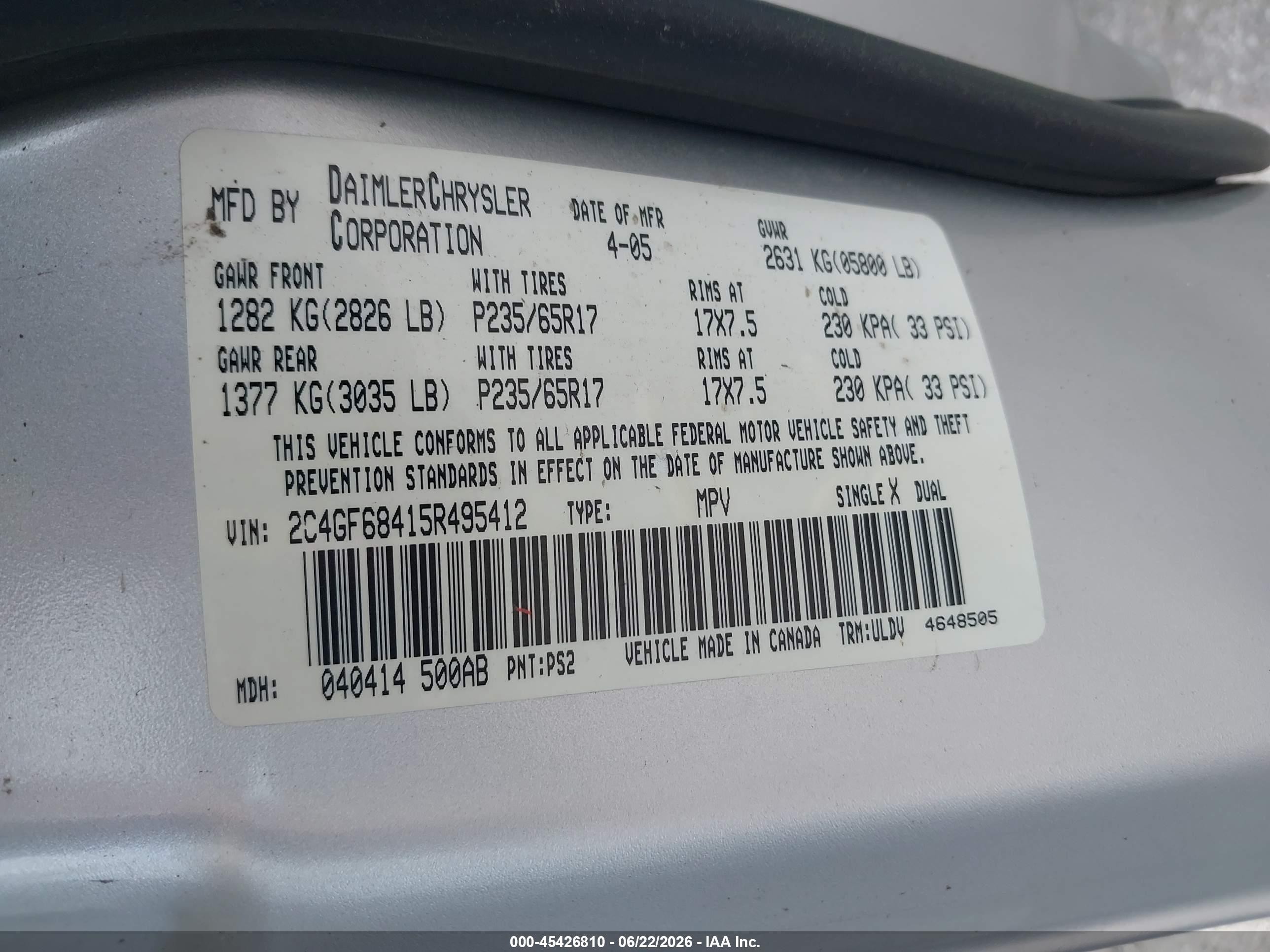 2005 Chrysler Pacifica Touring Silver vin: 2C4GF68415R495412