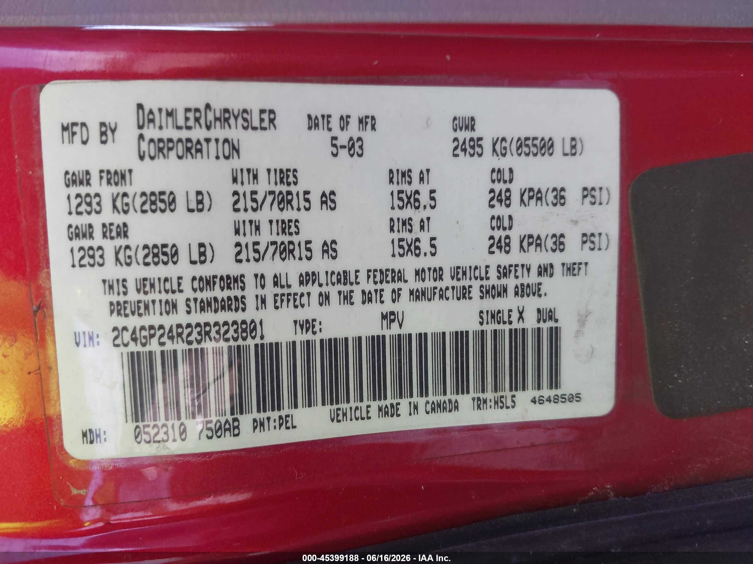 2003 Chrysler Town & Country   Maroon vin: 2C4GP24R23R323801