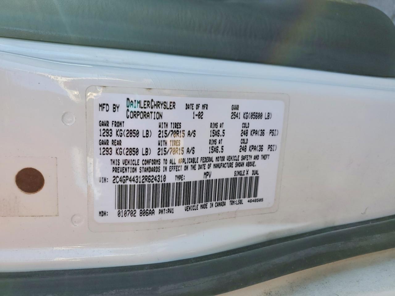 2002 Chrysler Town & Country Lx White vin: 2C4GP44312R624310
