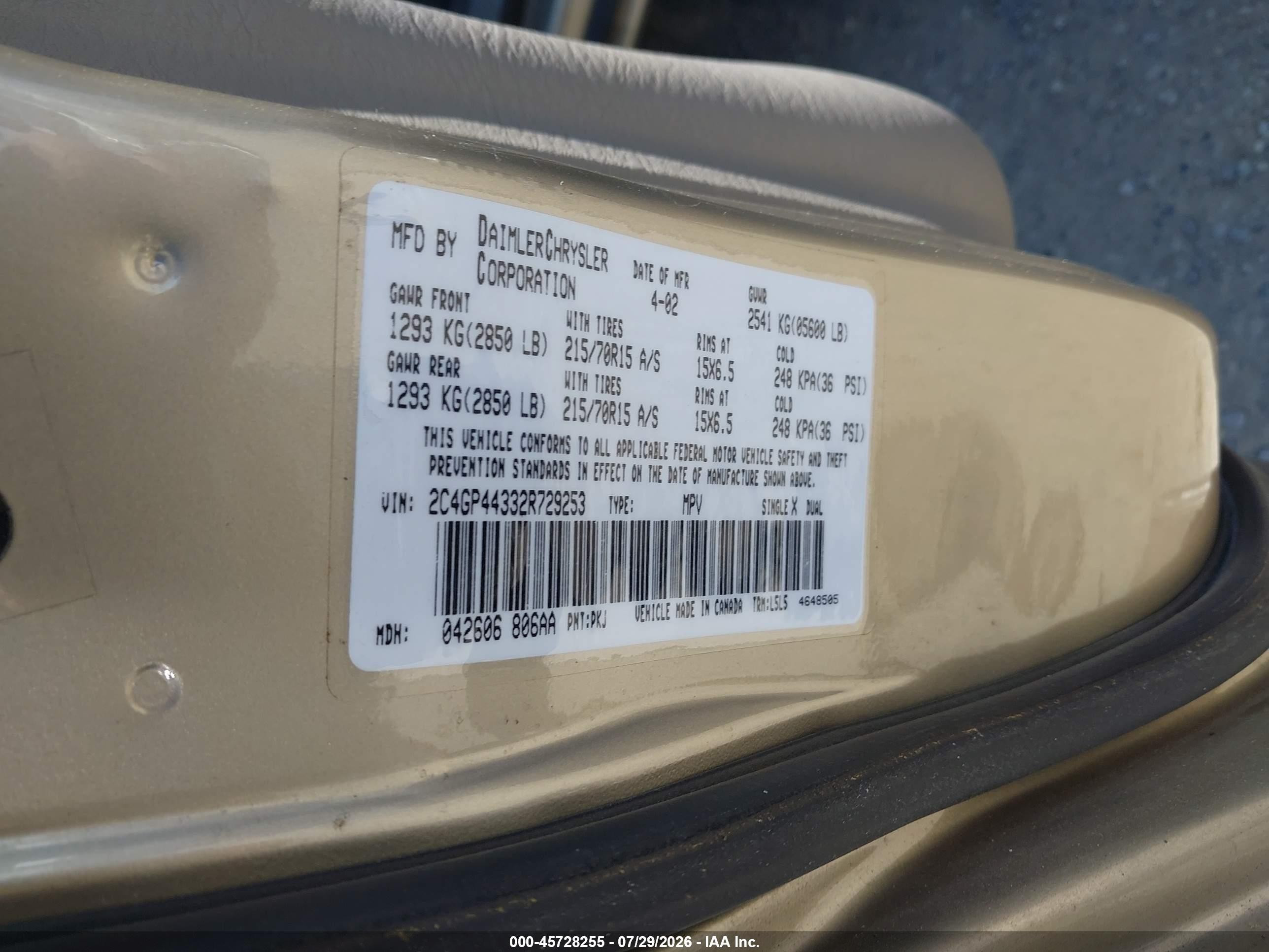 2002 Chrysler Town & Country Lx Gold vin: 2C4GP44332R729253