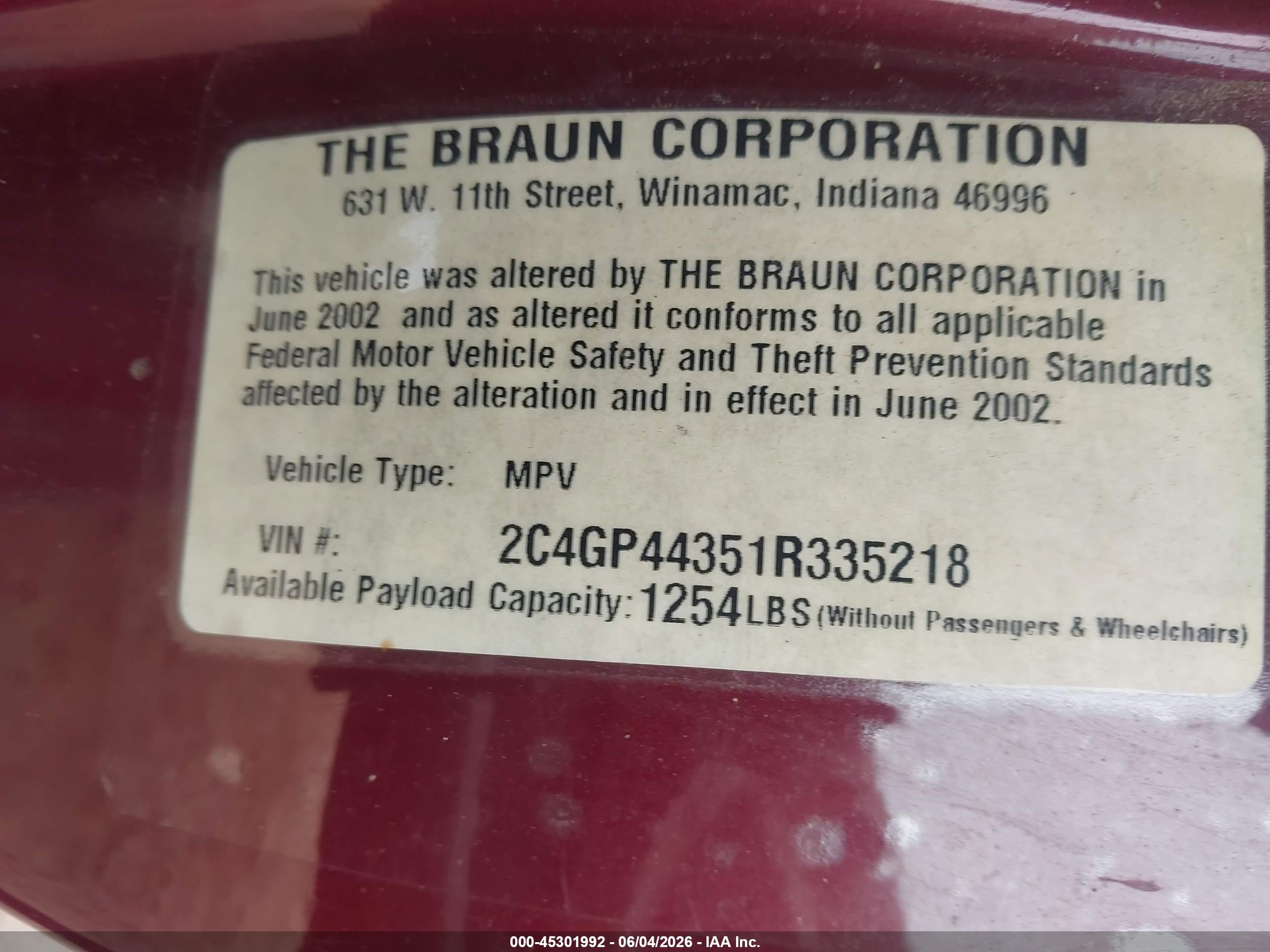 2001 Chrysler Town & Country Lx Burgundy vin: 2C4GP44351R335218