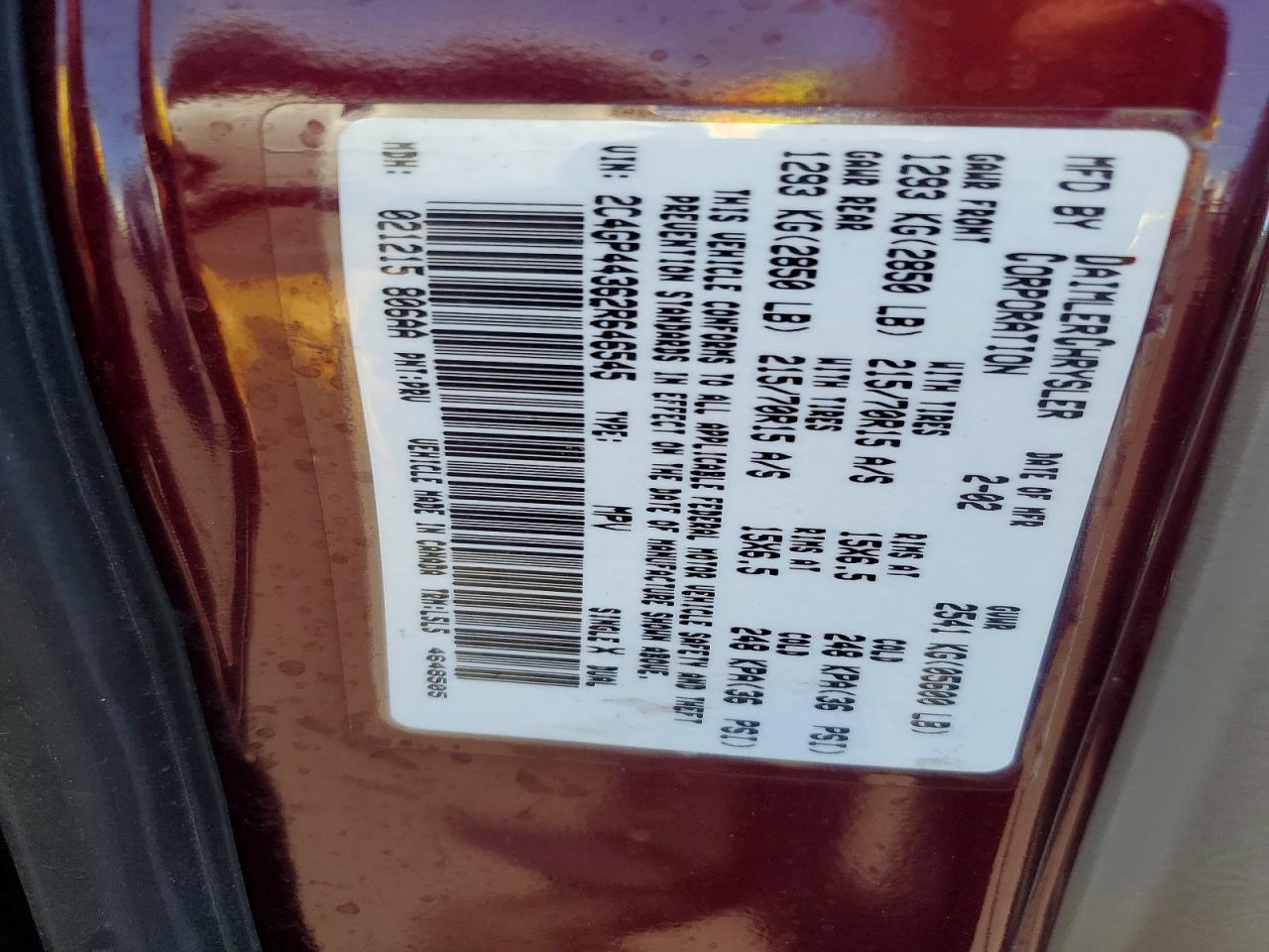 2002 Chrysler Town & Country Lx Burgundy vin: 2C4GP44362R646545