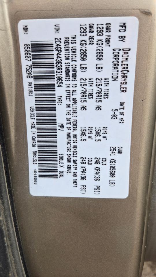 2003 Chrysler Town & Country Lx Gold vin: 2C4GP44363R310654