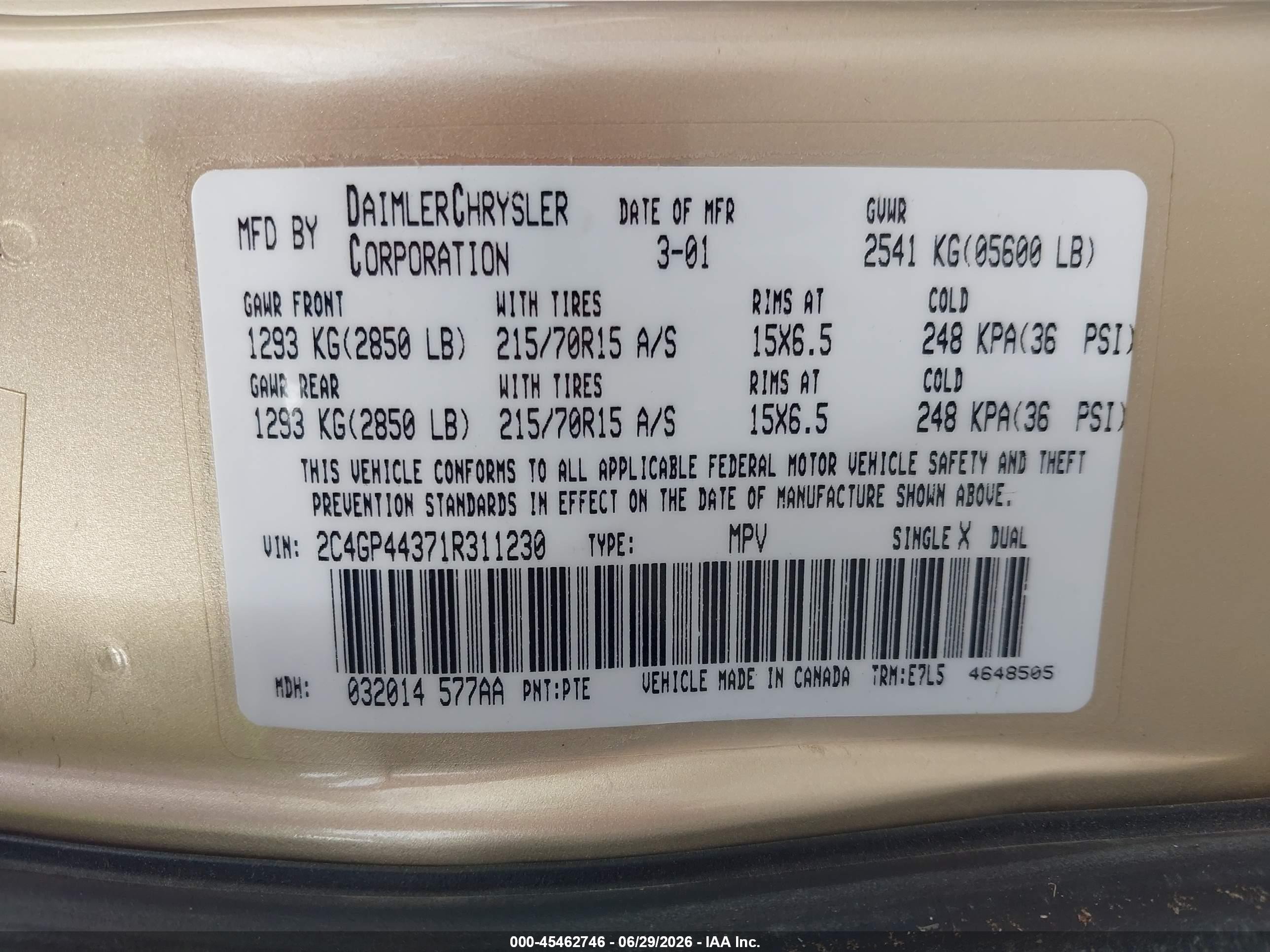 2001 Chrysler Town & Country Lx Gold vin: 2C4GP44371R311230