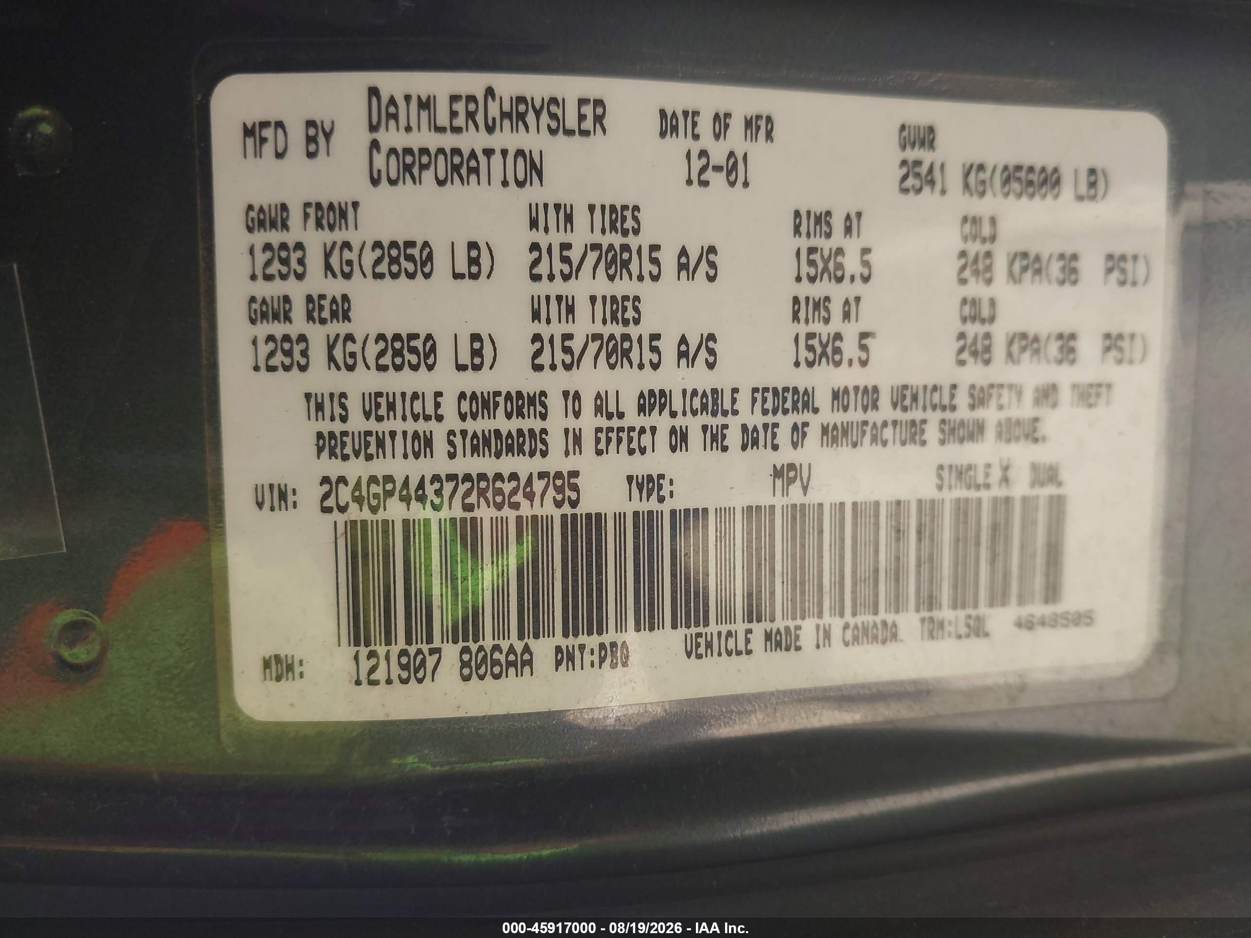 2002 Chrysler Town & Country Lx Turquoise vin: 2C4GP44372R624795