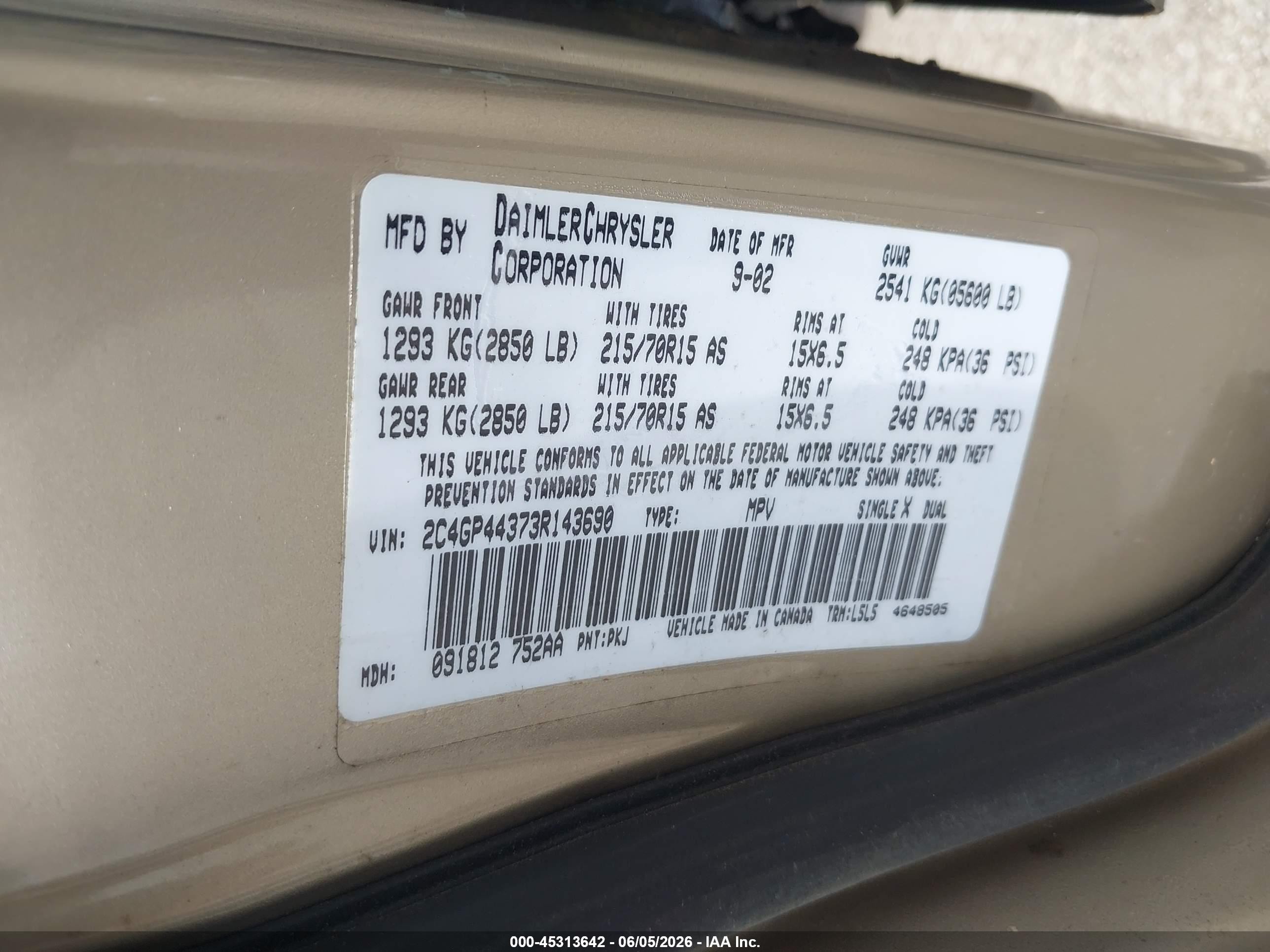 2003 Chrysler Town & Country Lx Tan vin: 2C4GP44373R143690