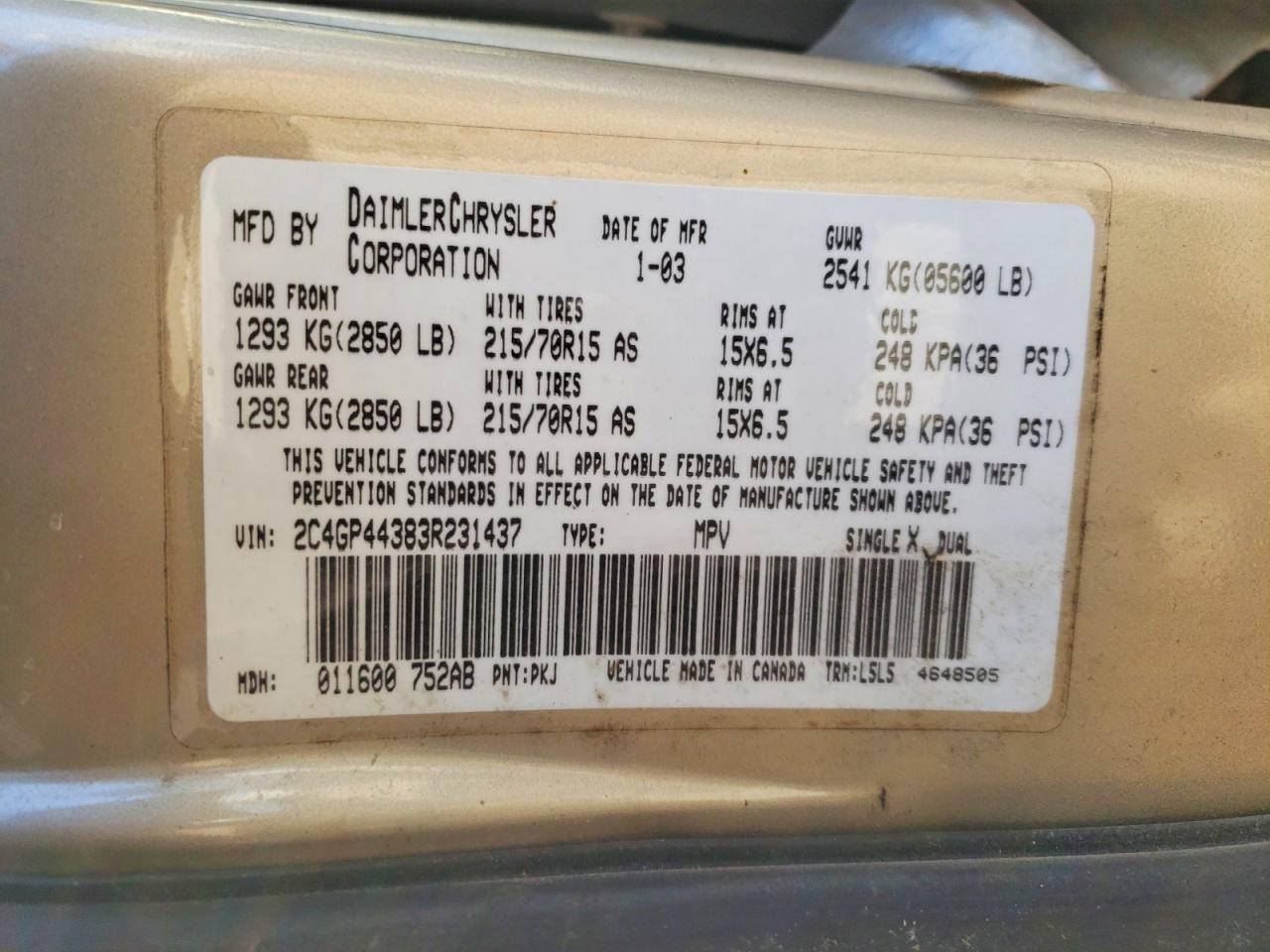 2003 Chrysler Town & Country Lx Gold vin: 2C4GP44383R231437
