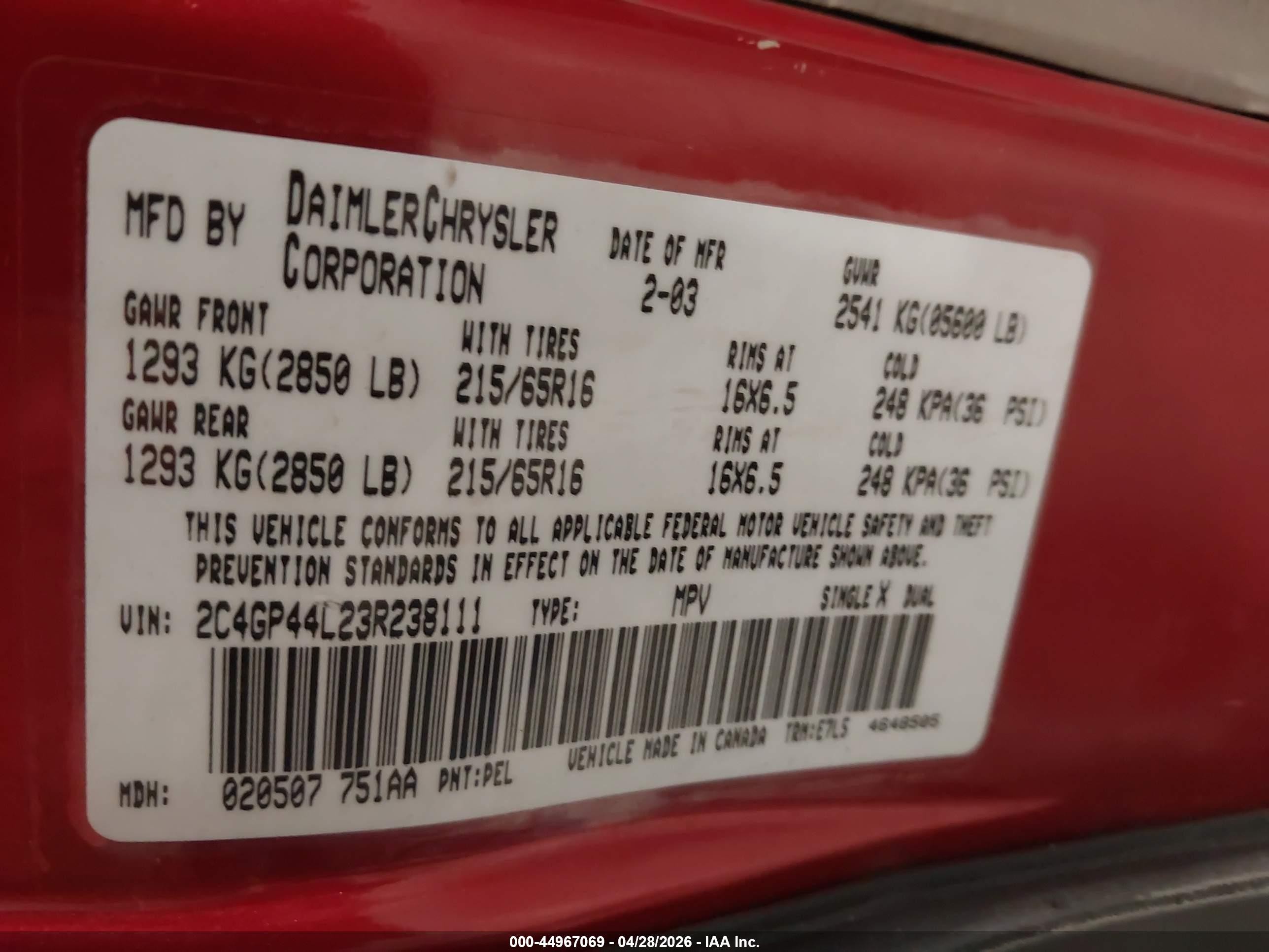 2003 Chrysler Town & Country Lx Red vin: 2C4GP44L23R238111